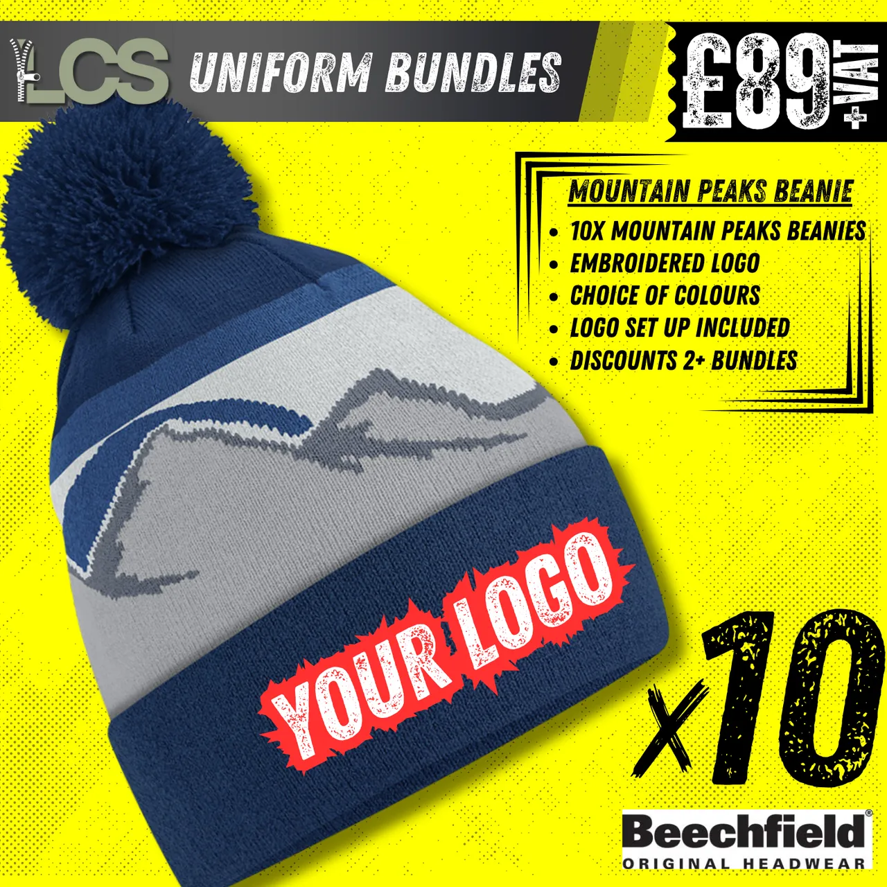 10x Beechfield Mountain Peaks Beanies With Embroidery