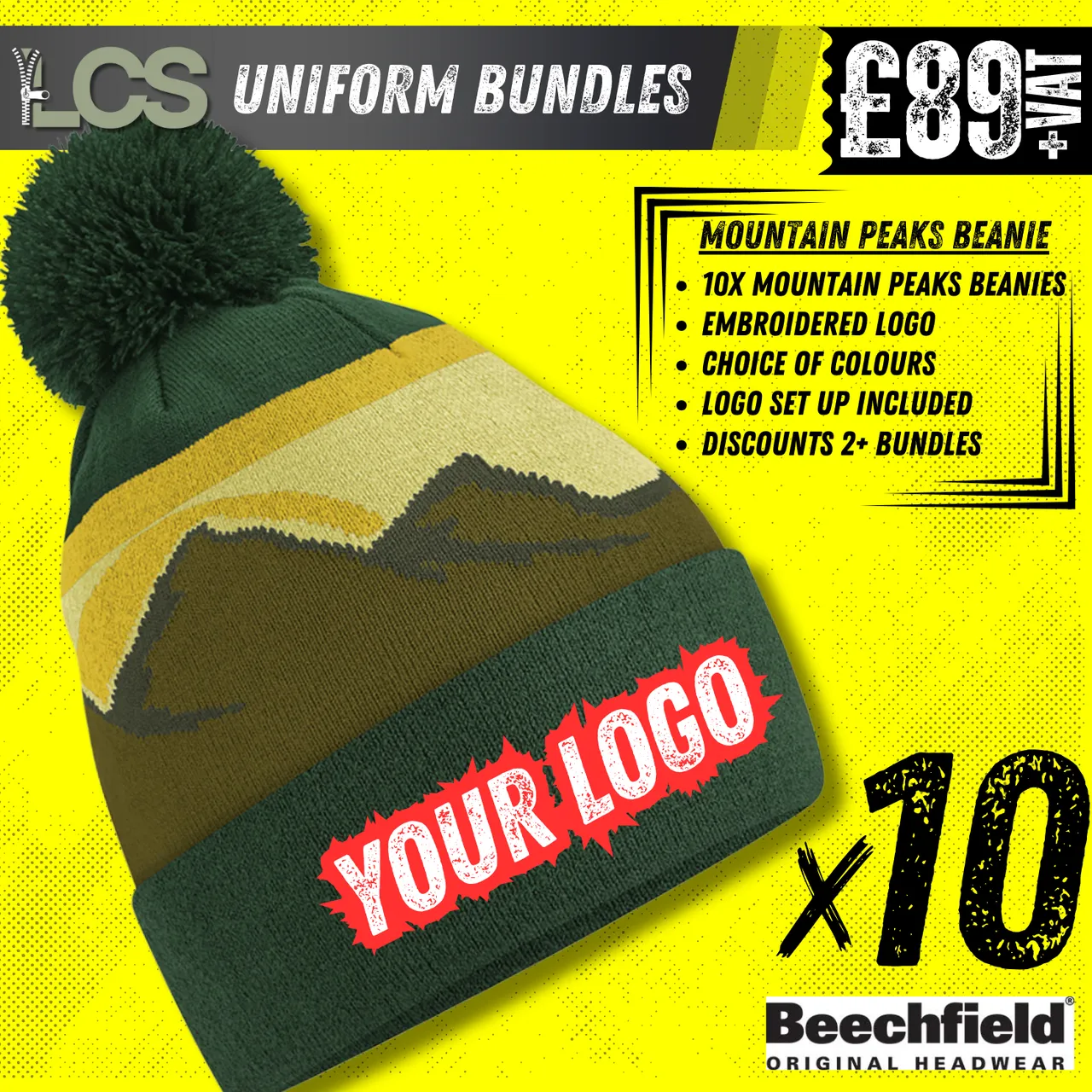 10x Beechfield Mountain Peaks Beanies With Embroidery