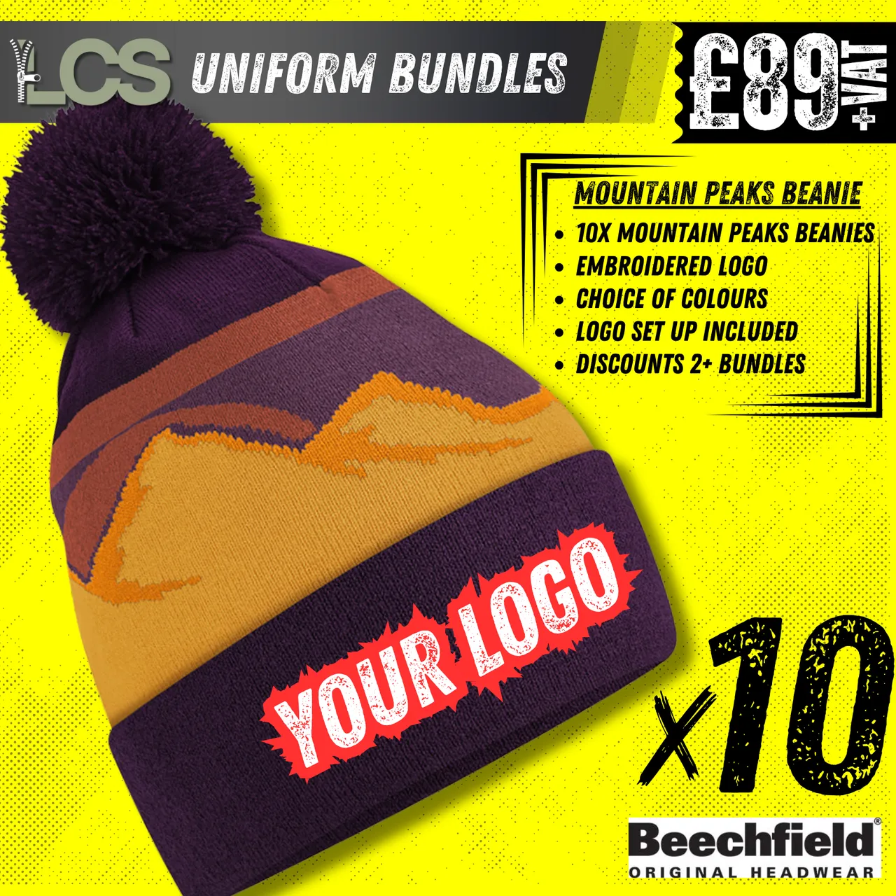 10x Beechfield Mountain Peaks Beanies With Embroidery