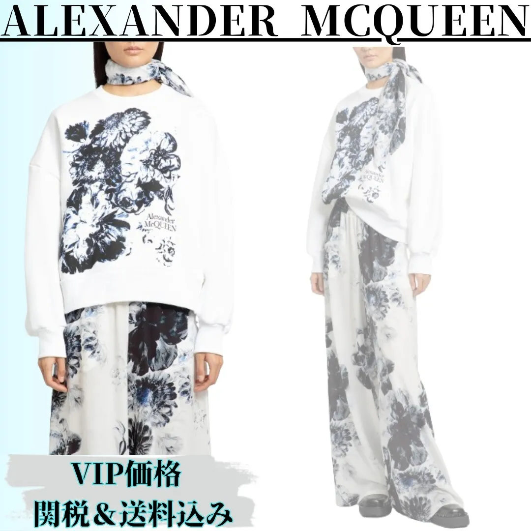 alexander mcqueen  |Crew Neck Flower Patterns Unisex Long Sleeves Plain Cotton