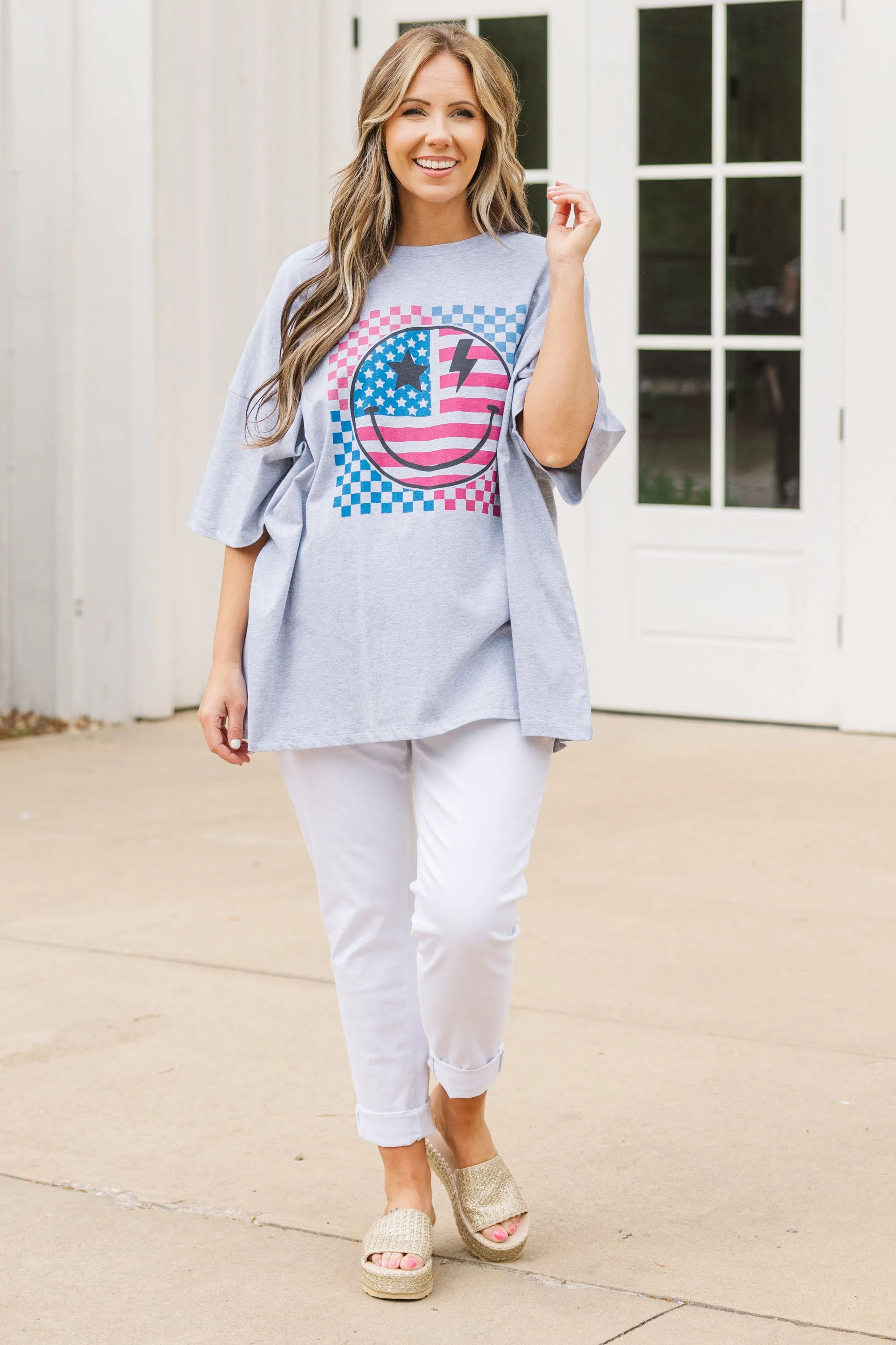 America Rocks Boyfriend Tee, Heather Grey