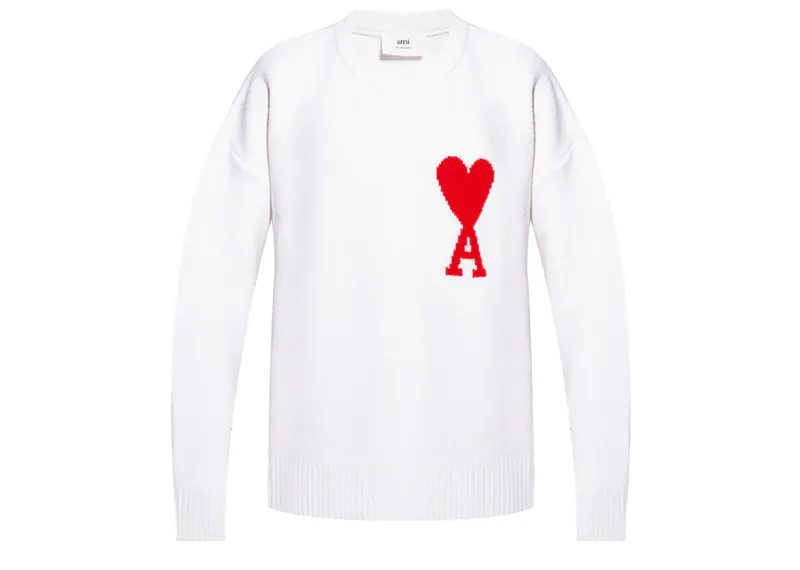 Ami Paris Ami De Coeur Merino Wool Oversized Crewneck Sweater White/Red