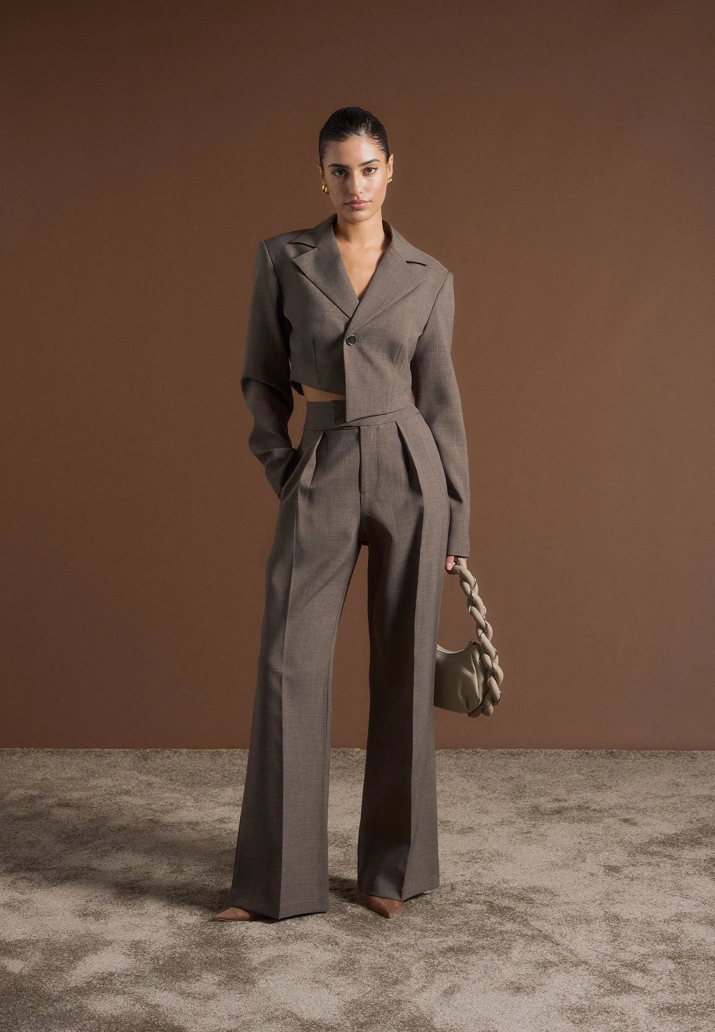 Asymmetric Tailored Cropped Blazer - Dark Taupe