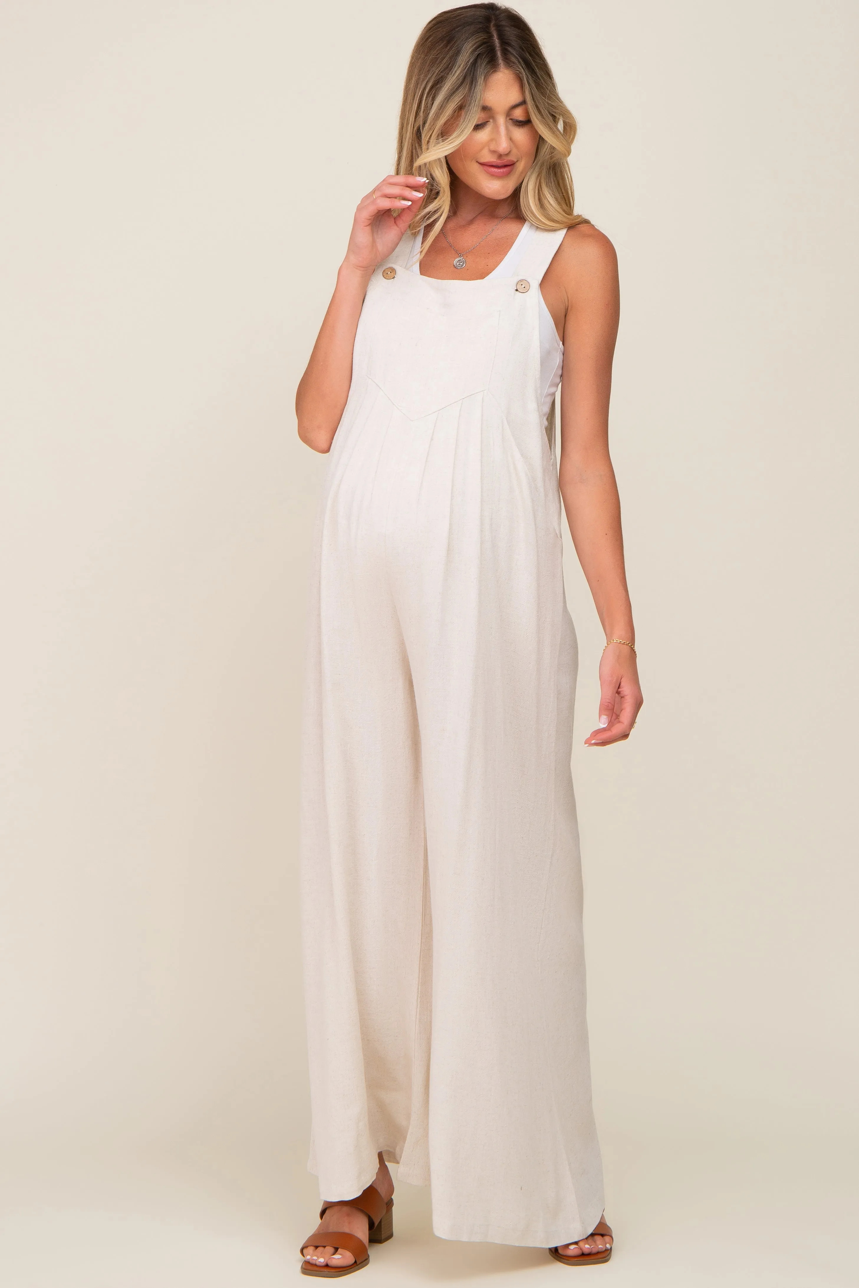 Beige Sleeveless Wide Leg Maternity Jumpsuit