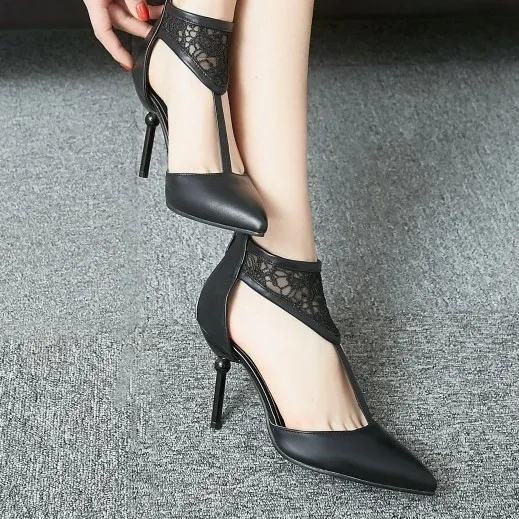 Black Crochet Lace T Strap Point Head Sexy Eveing High Stiletto Heels Shoes