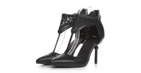 Black Crochet Lace T Strap Point Head Sexy Eveing High Stiletto Heels Shoes