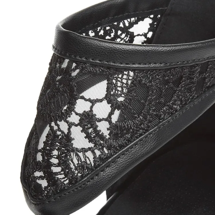 Black Crochet Lace T Strap Point Head Sexy Eveing High Stiletto Heels Shoes