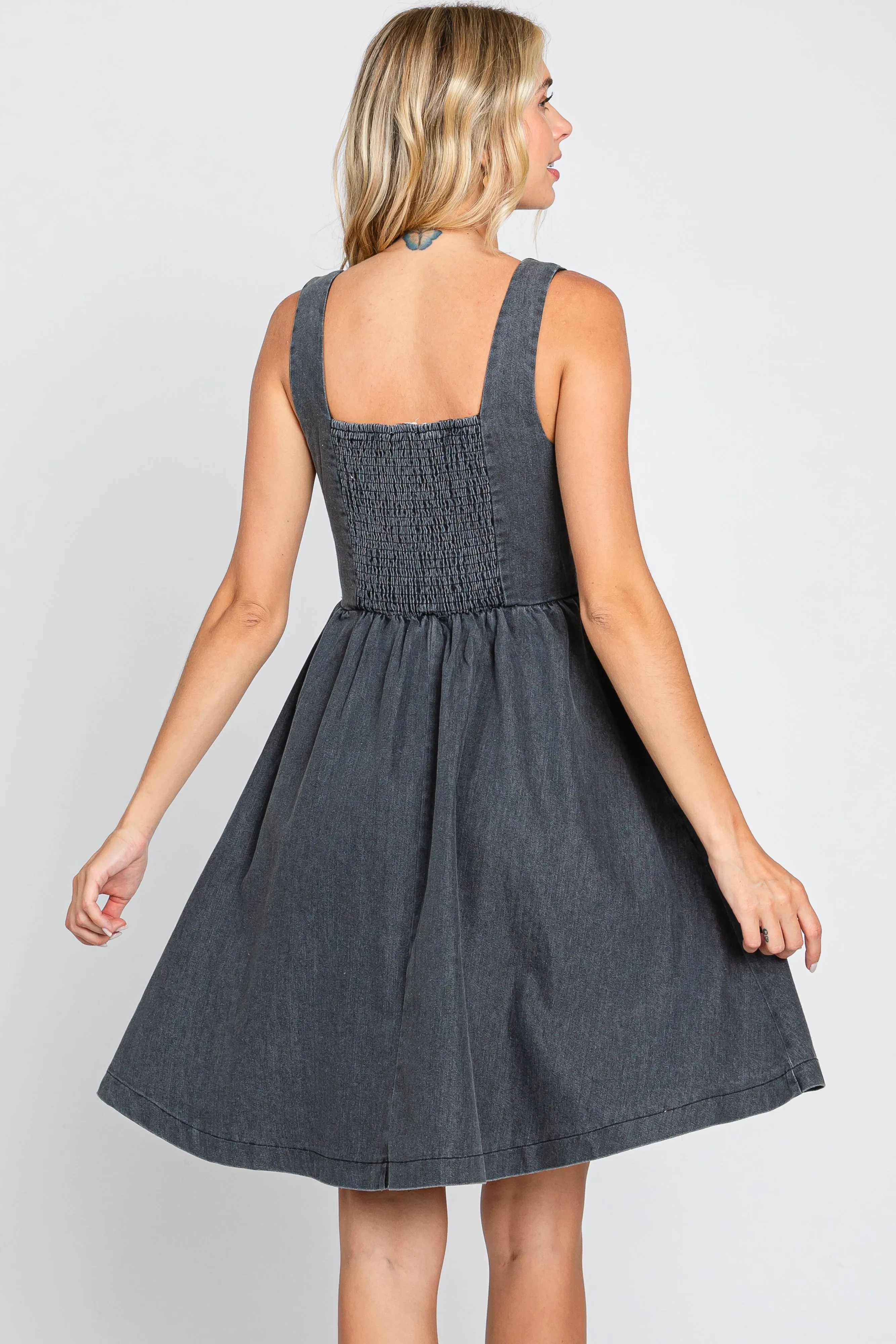 Black Smocked Square Neck Denim Dress