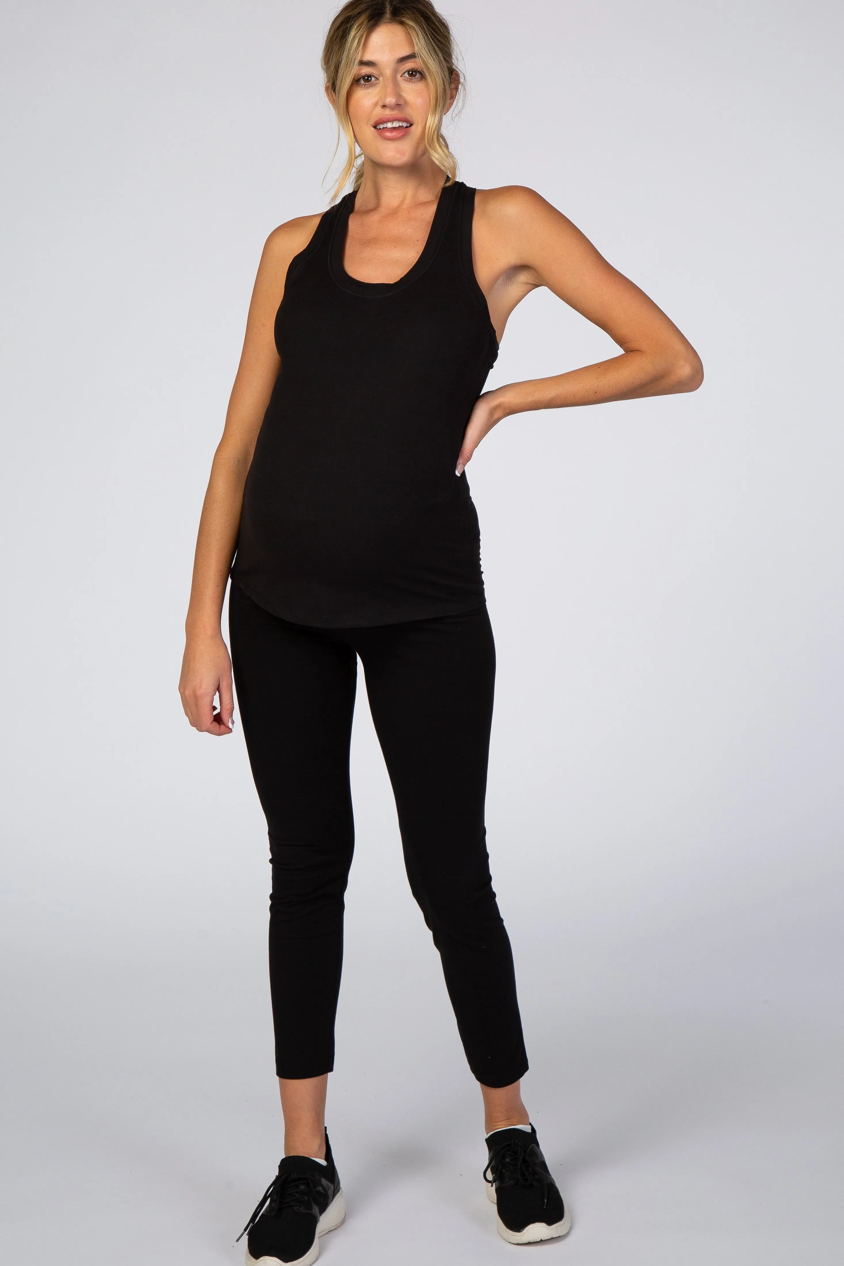 Black Solid Active Racerback Maternity Tank Top