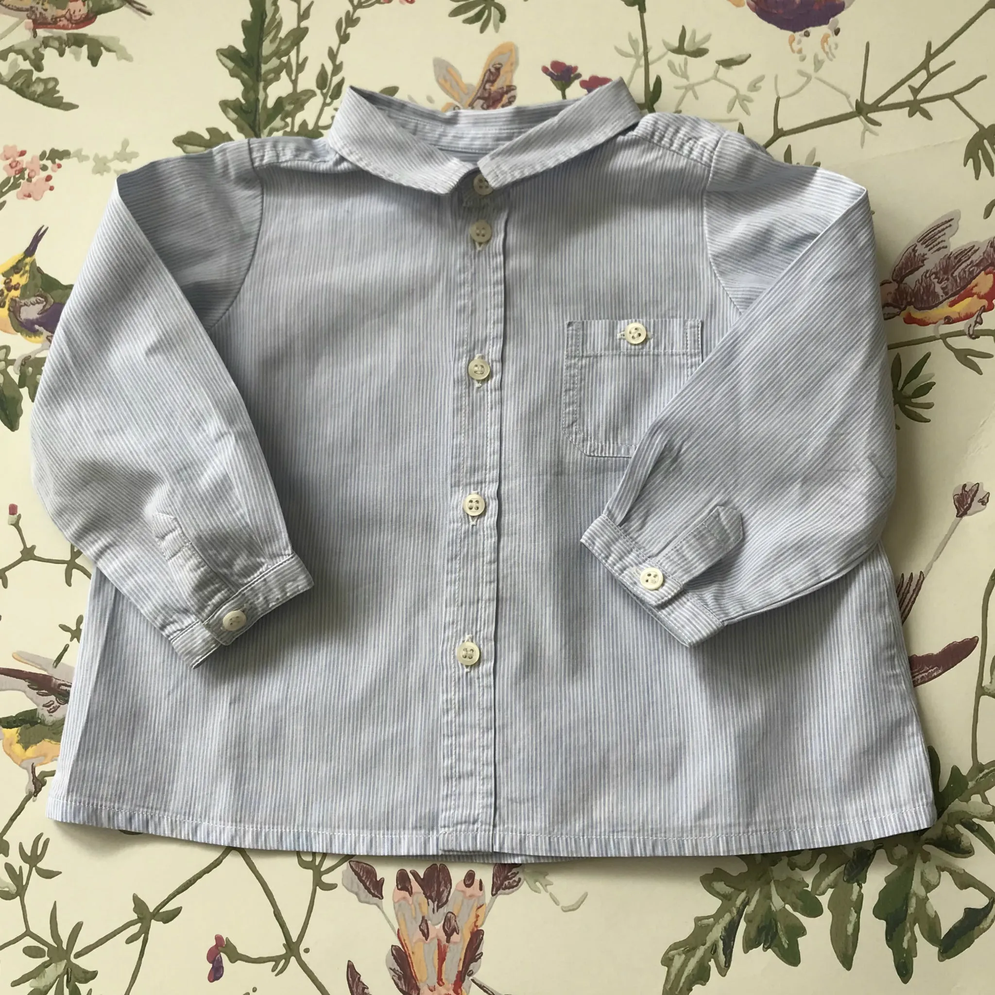 Bonpoint Blue And White Stripe Cotton Shirt With Pocket: 12 Months