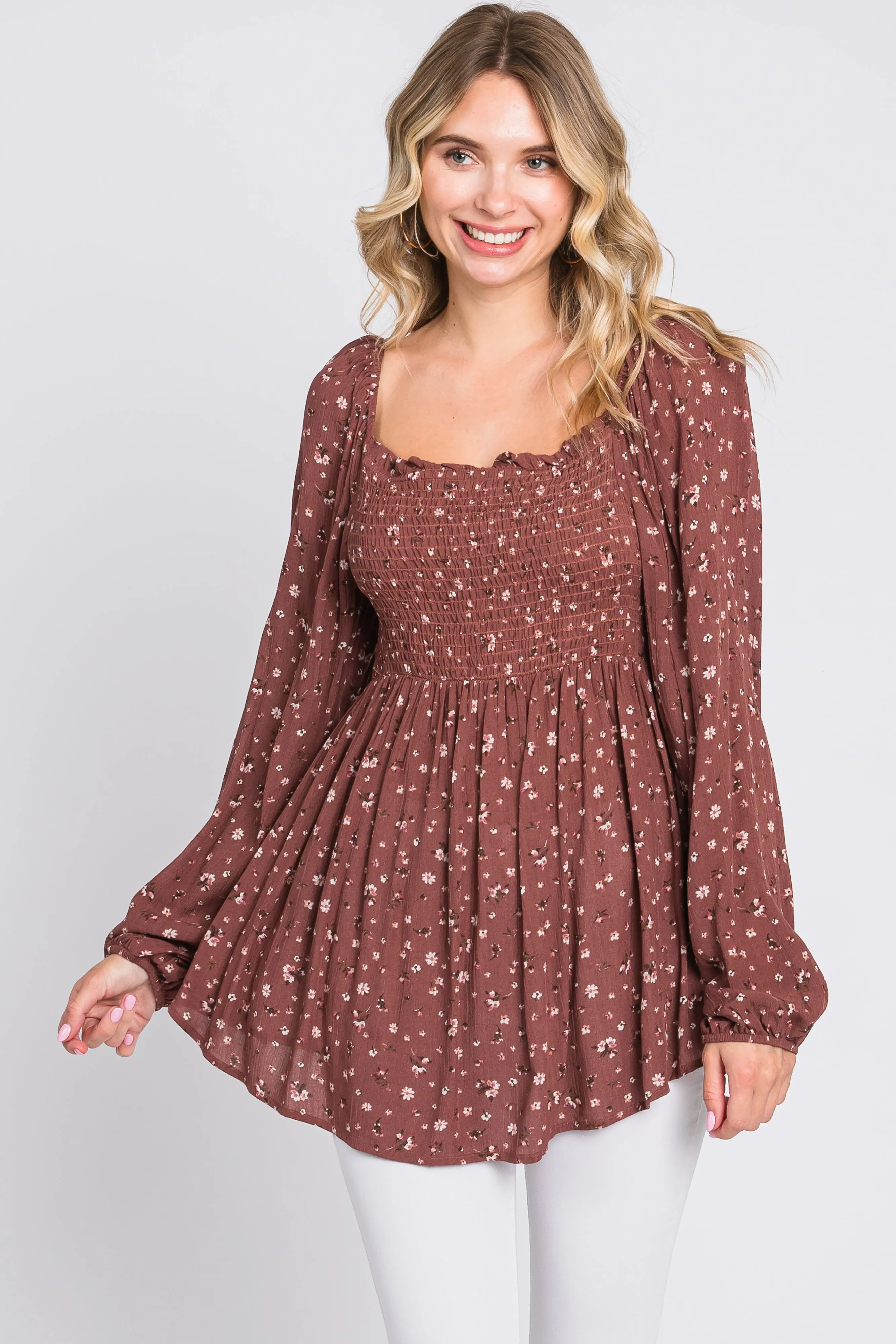 Brown Floral Smocked Long Sleeve Maternity Top