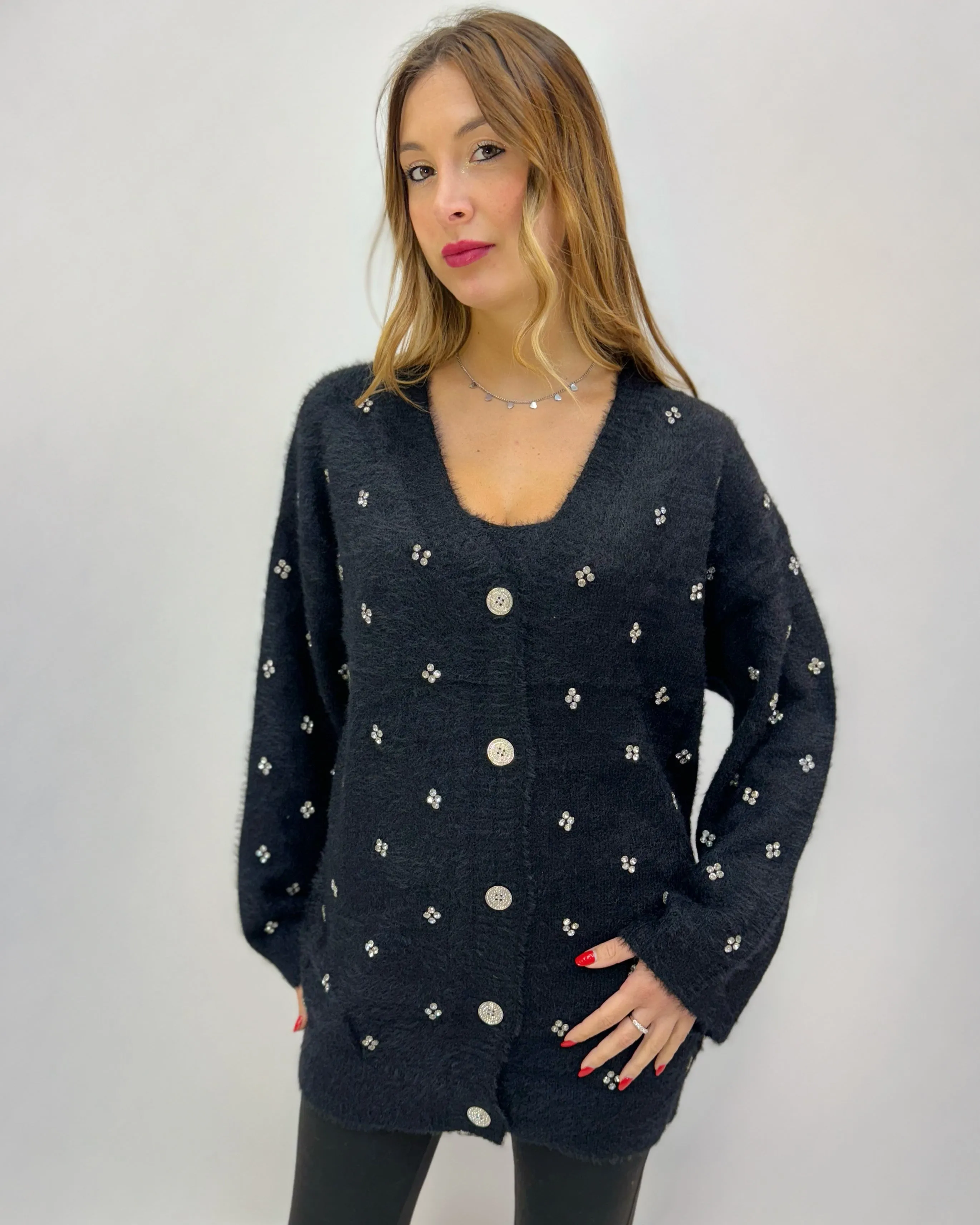 Cardigan comodo con top dettagli strass