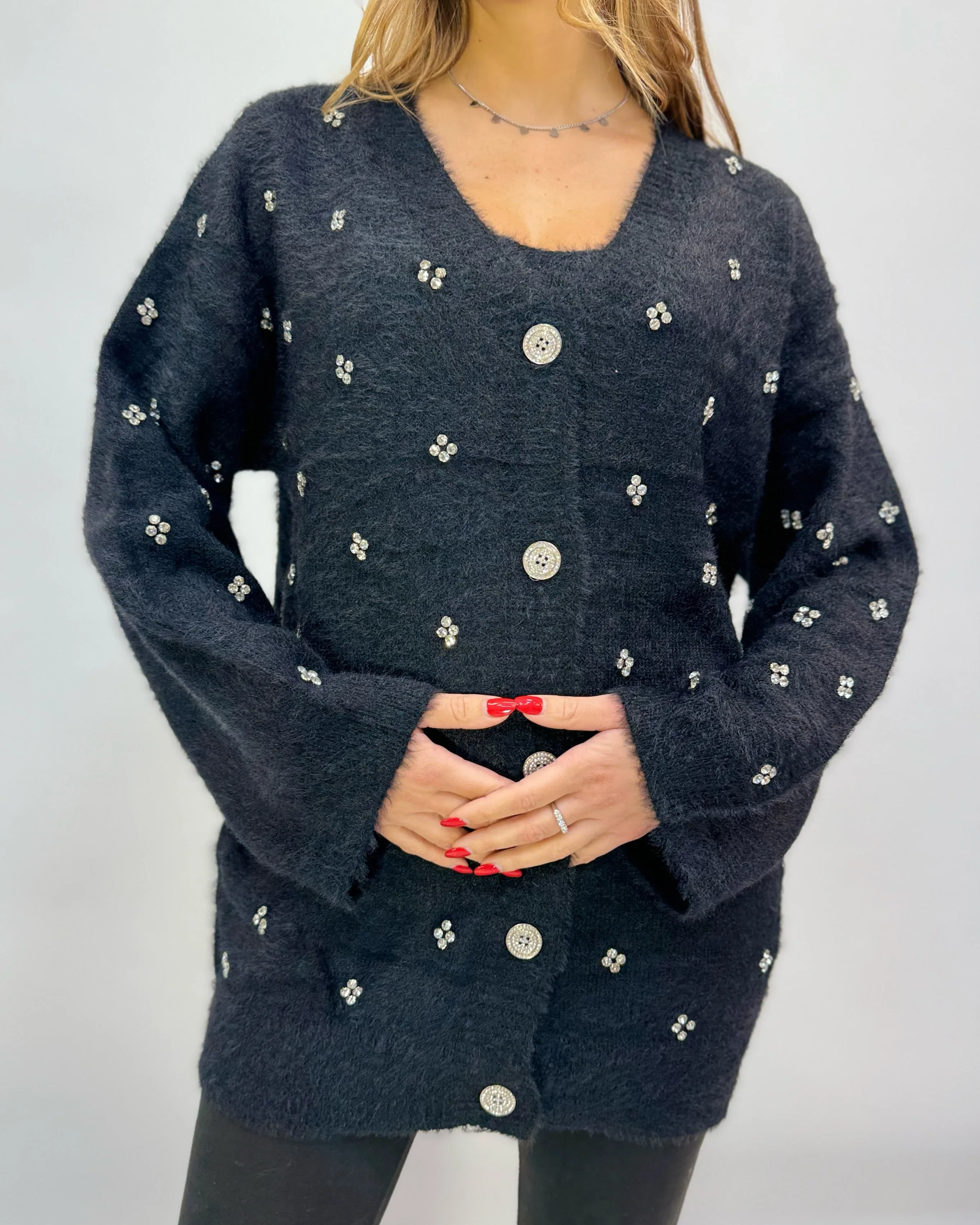 Cardigan comodo con top dettagli strass