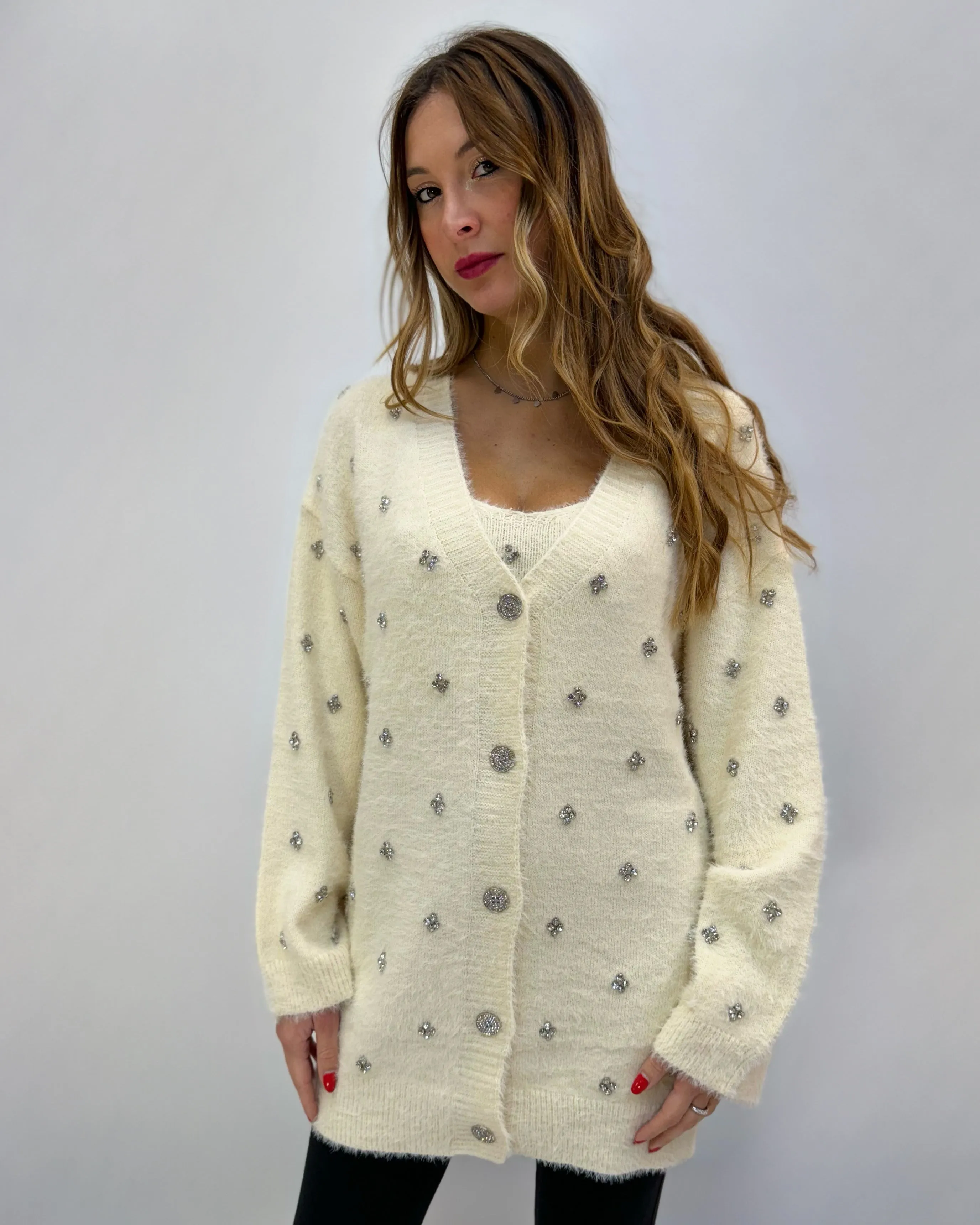 Cardigan comodo con top dettagli strass