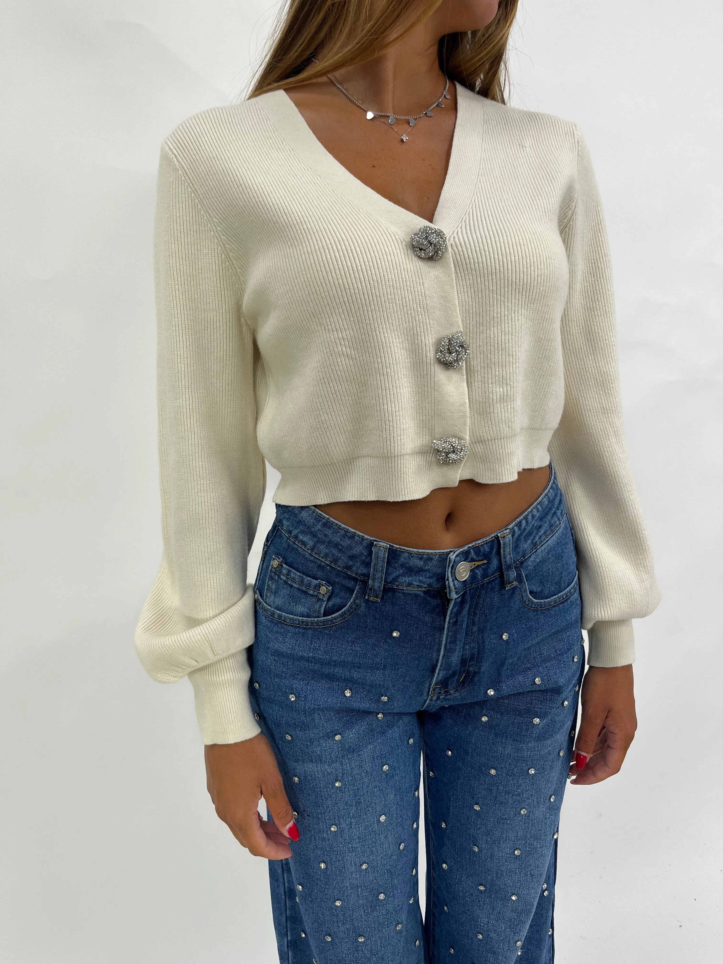 Cardigan crop con bottoni strass