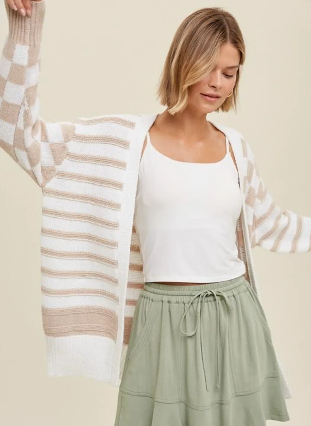 Cream & Taupe Striped Check Cardigan