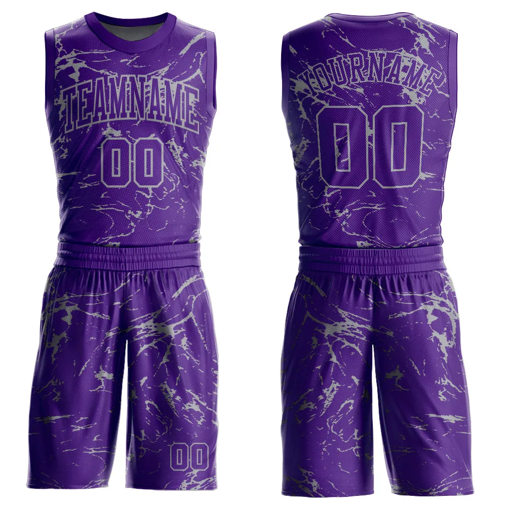 Custom Purple Light Gray Abstract Grunge Art Round Neck Sublimation Basketball Suit Jersey