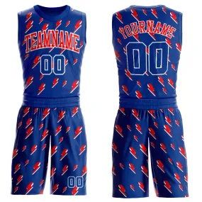 Custom Royal Red-White Lightning Shapes Round Neck Sublimation Basketball Suit Jersey