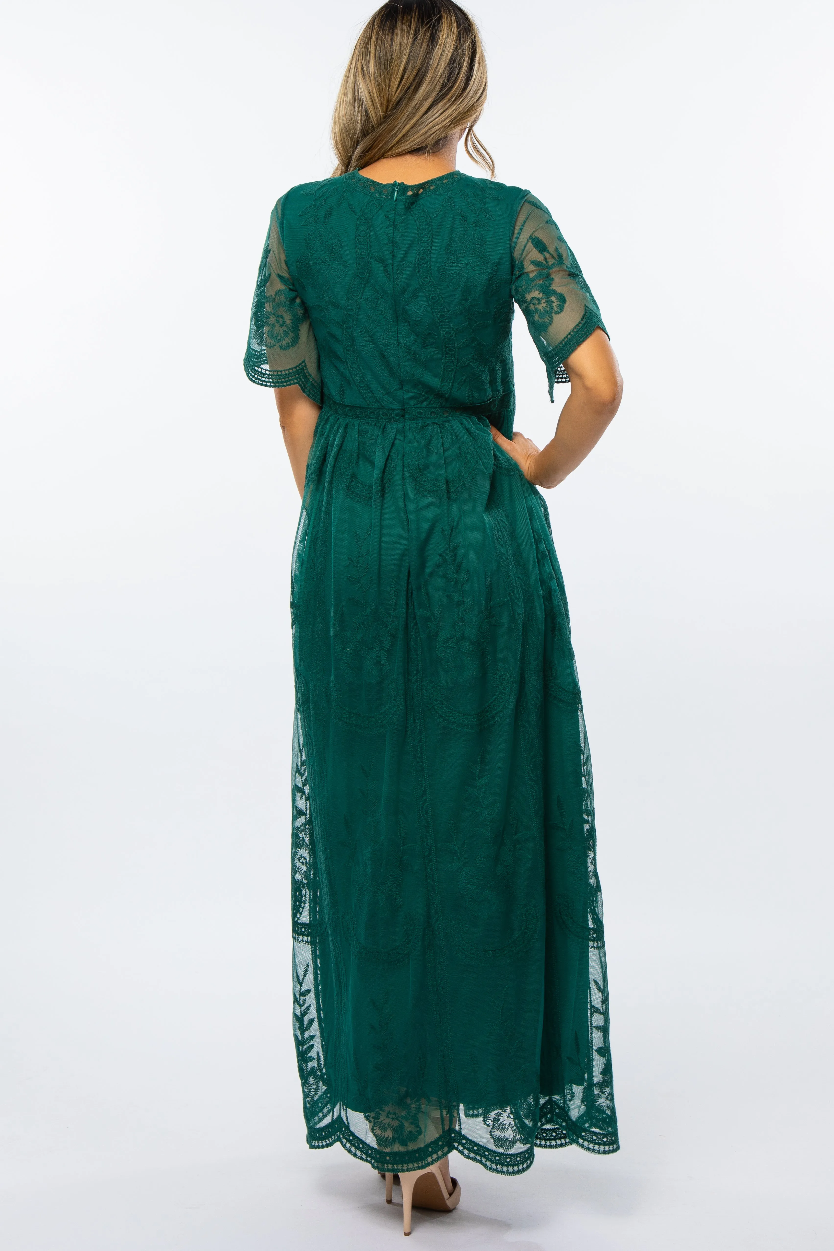 Forest Green Lace Mesh Overlay Maxi Dress