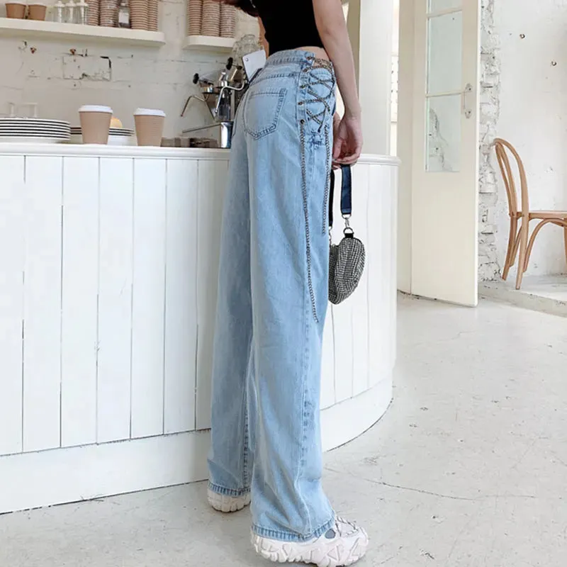 High Waisted Chain Jeans - Featuring a Cross Chain and Hollow Out Design for a Sexy and Elegant Look