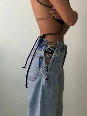 High Waisted Chain Jeans - Featuring a Cross Chain and Hollow Out Design for a Sexy and Elegant Look