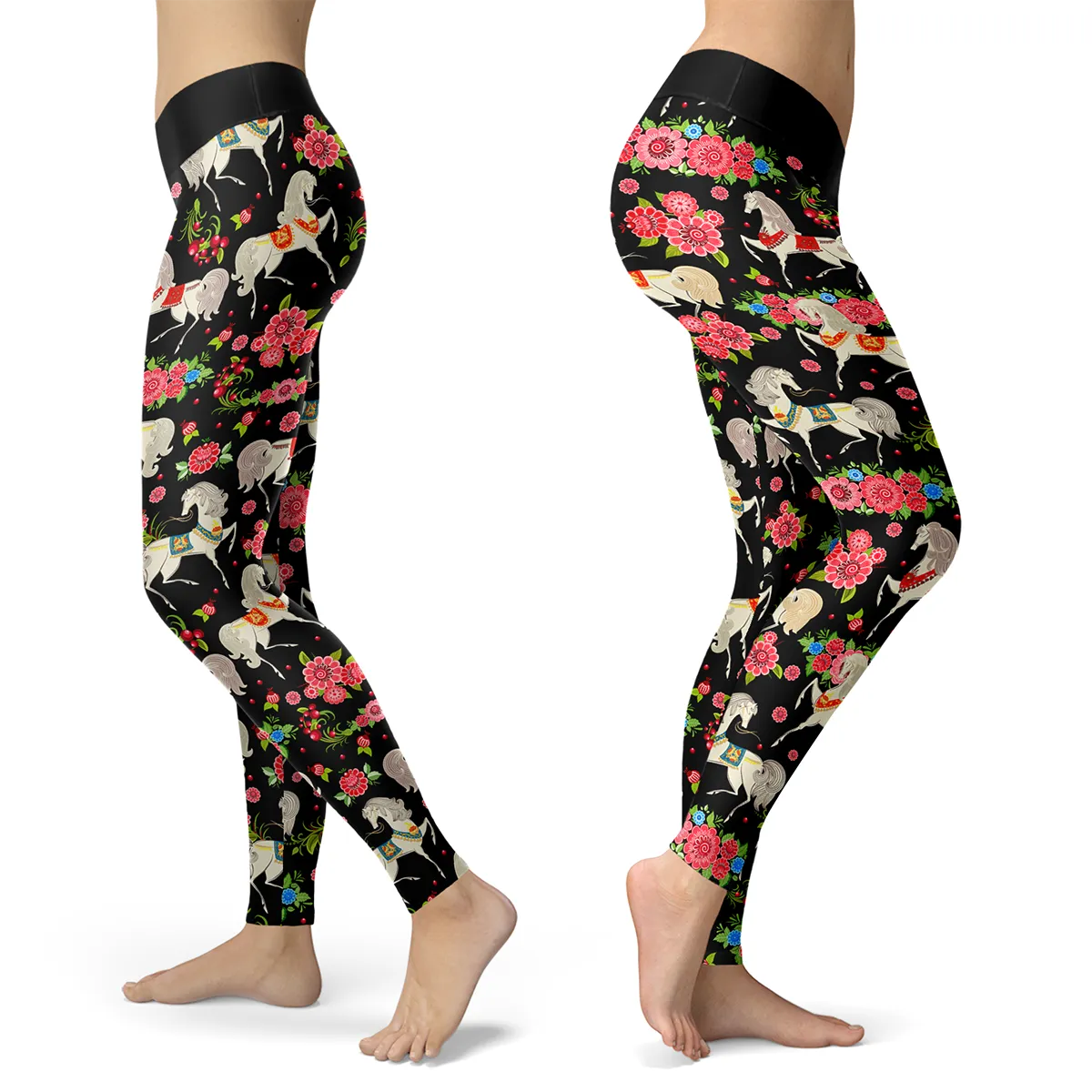 Horse Leggings Horses and Pink Flowers