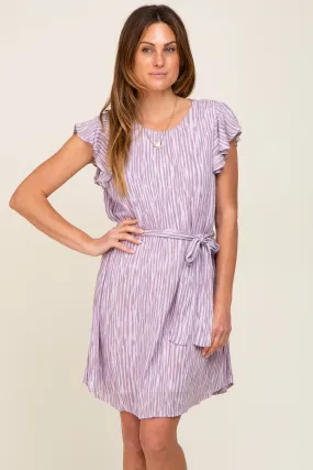 Lavender Striped Flutter Sleeve Tied Waist Dress