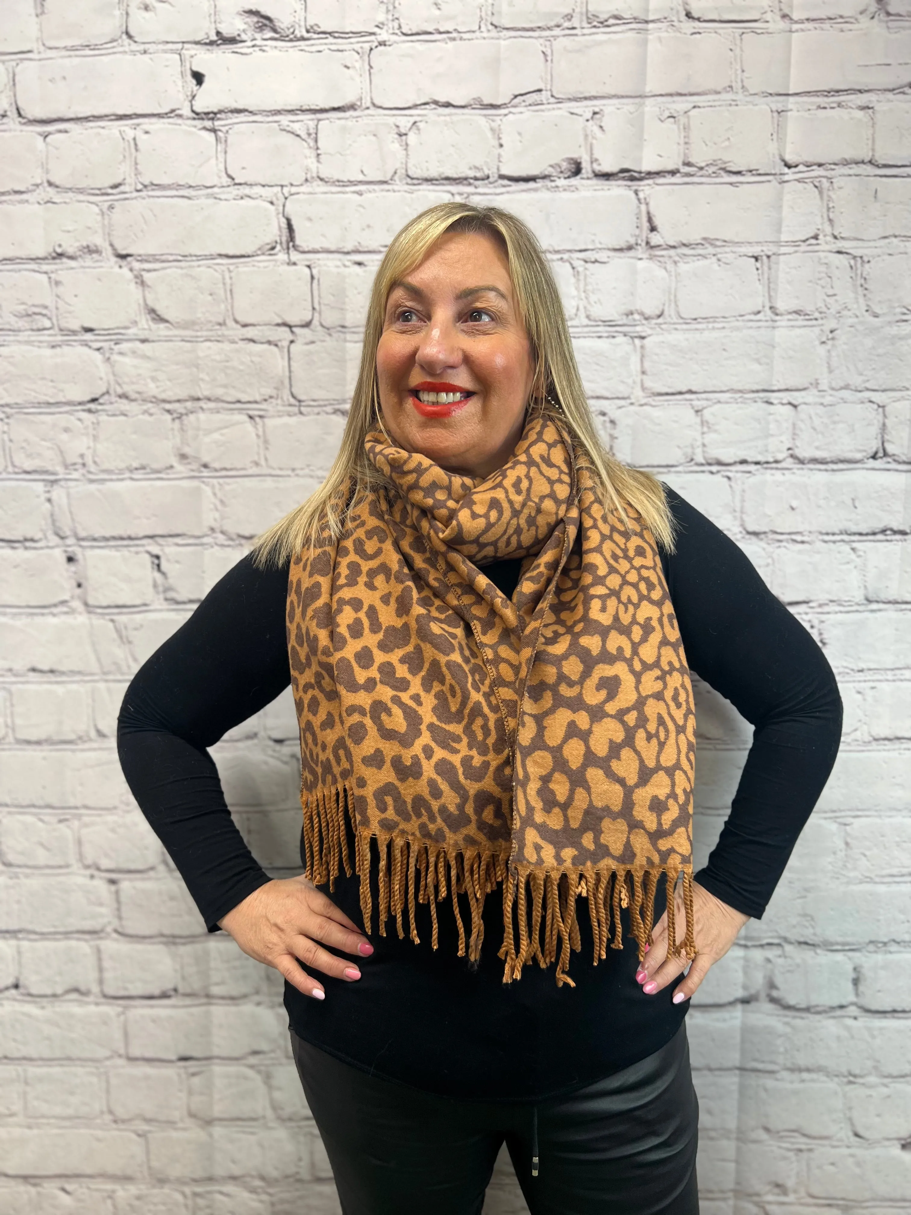 Leopard Print Fringed Scarf