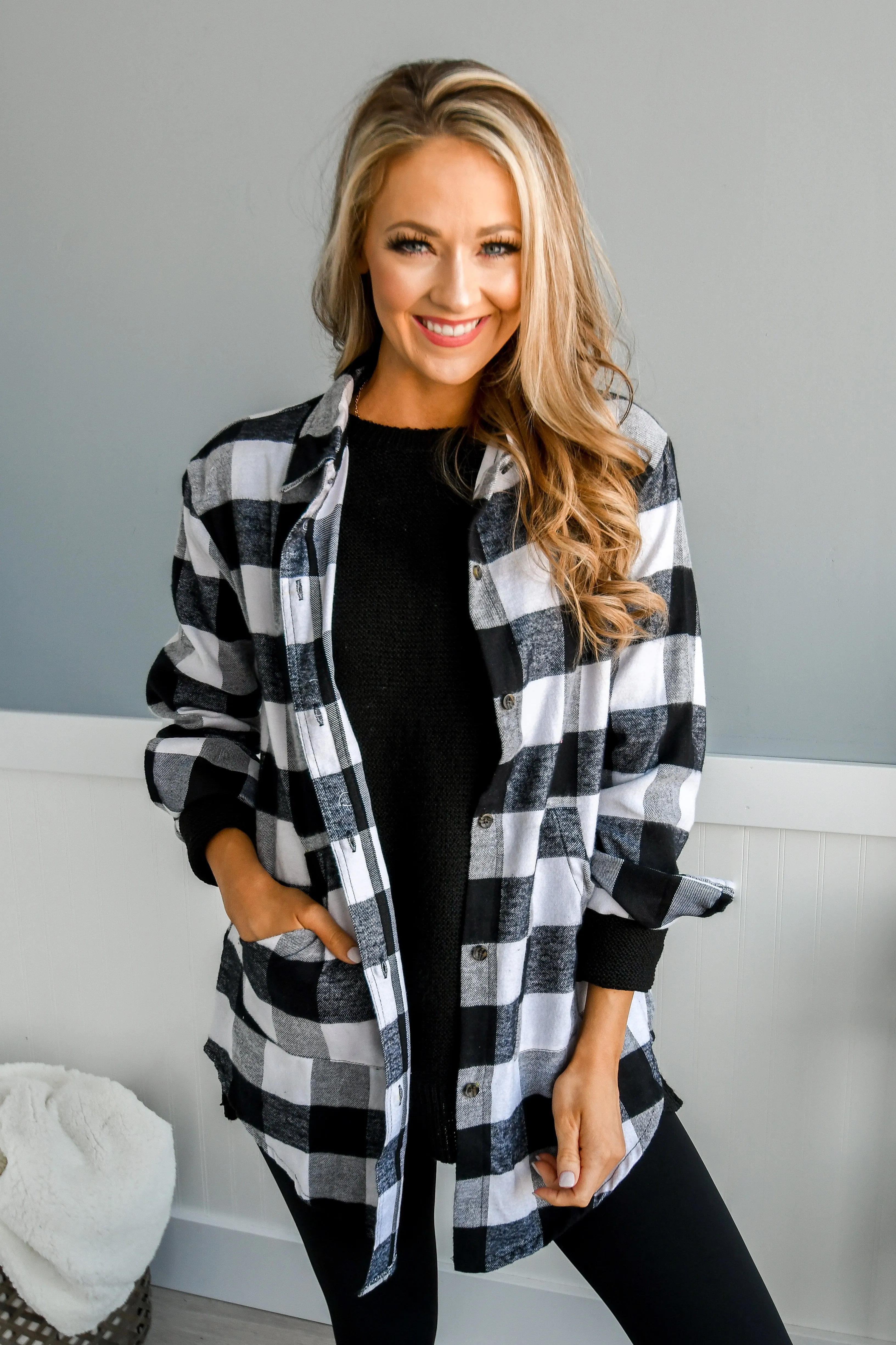 Let It Snow Button Plaid Top- White Buffalo Plaid