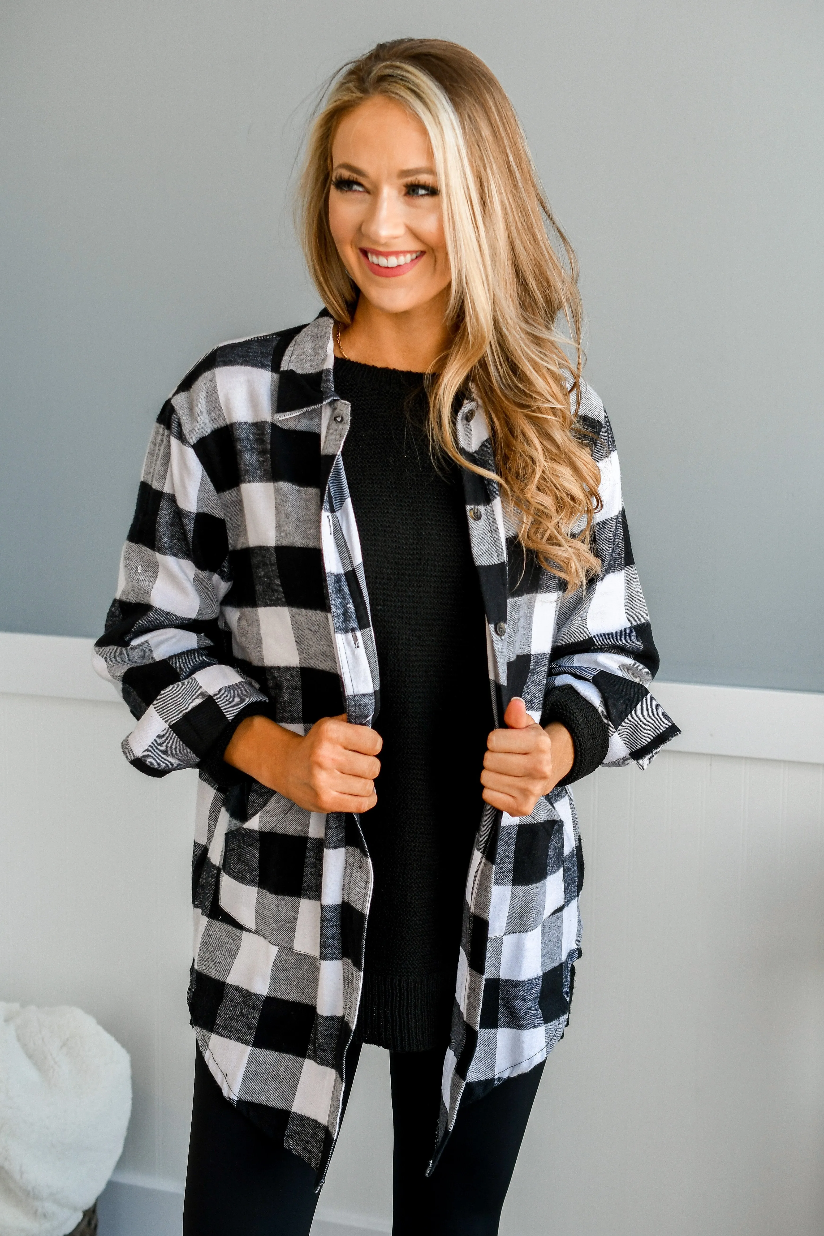 Let It Snow Button Plaid Top- White Buffalo Plaid