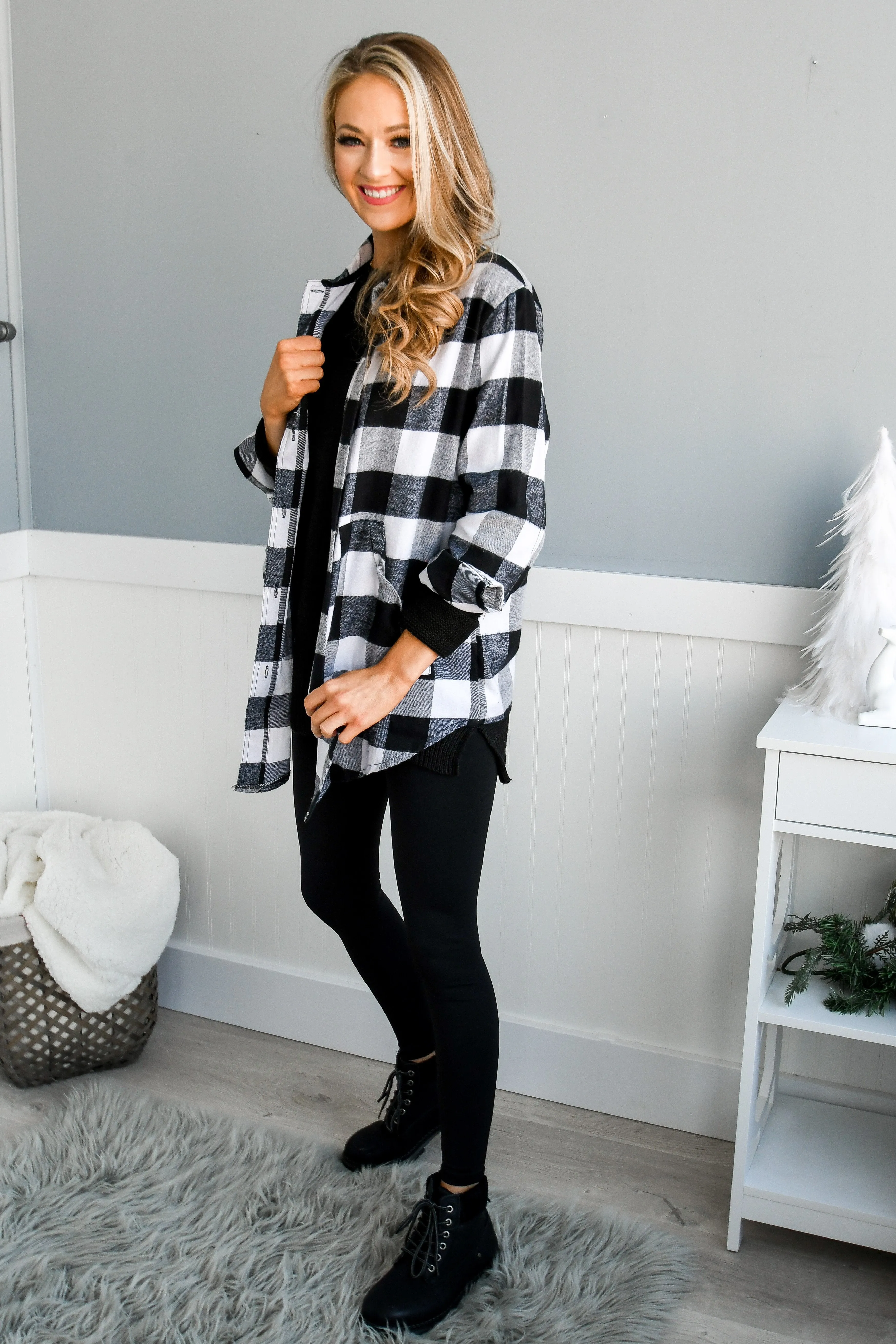 Let It Snow Button Plaid Top- White Buffalo Plaid