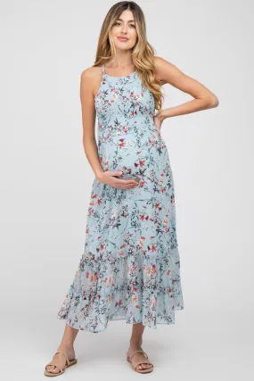 Light Blue Floral Chiffon Smocked Maternity Midi Dress