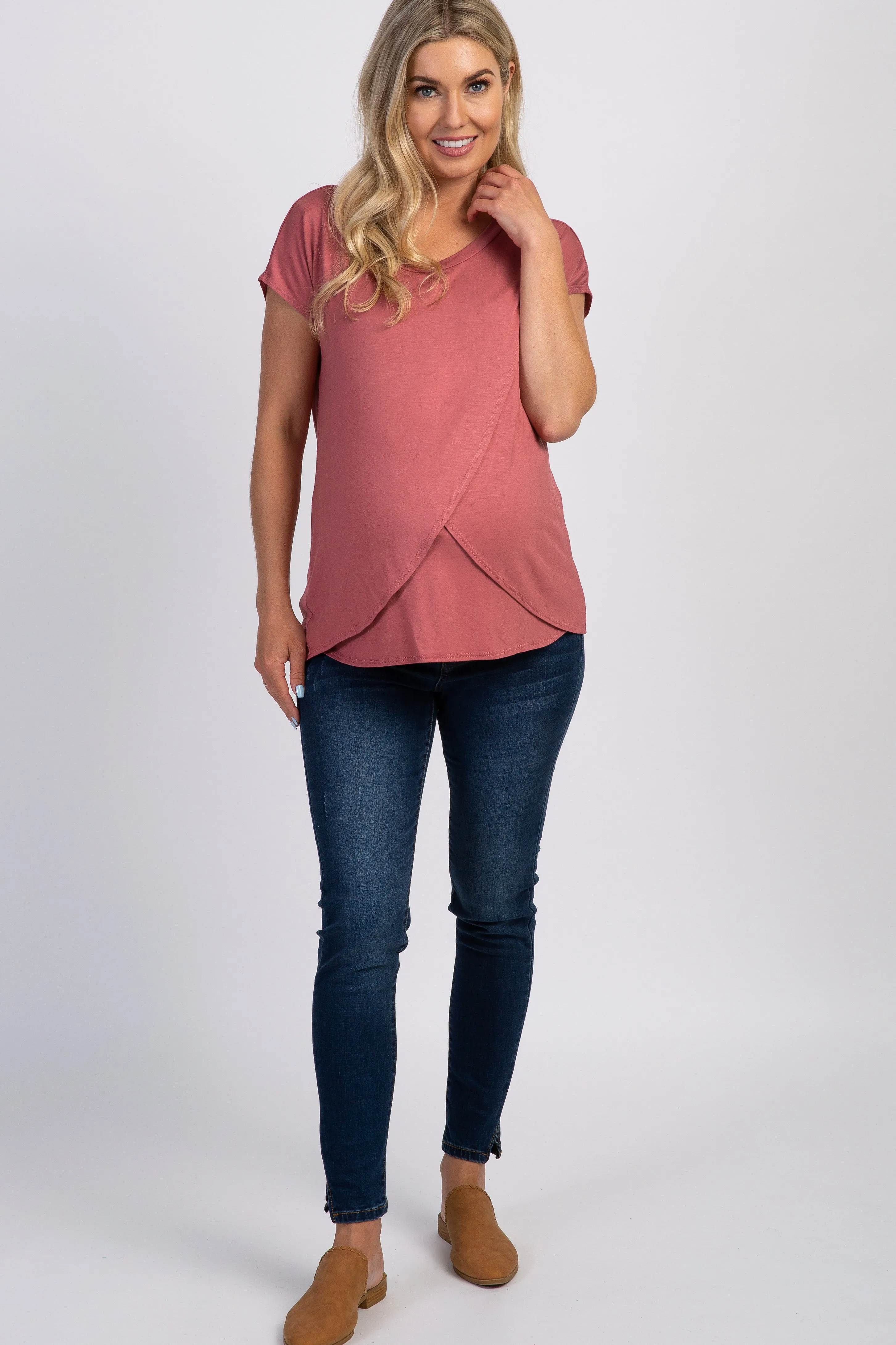 Mauve Layered Wrap Front Maternity Nursing Top