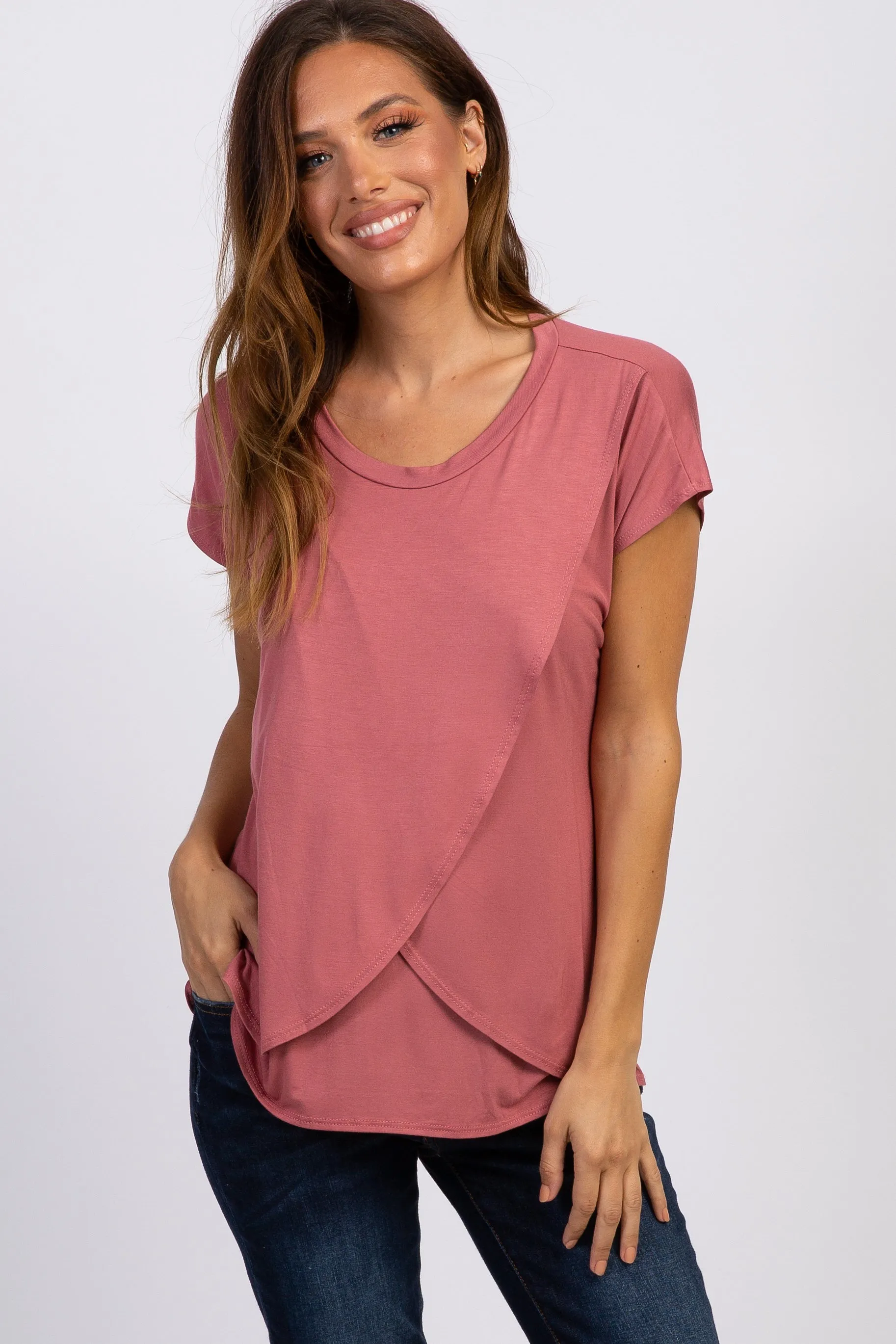 Mauve Layered Wrap Front Maternity Nursing Top