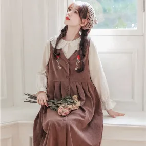 Meadow Petal Corduroy Flower Embroidered Cottagecore Dress