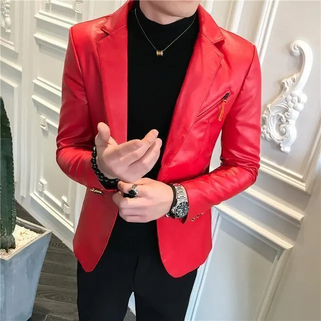 Men's Blazer Faux Leather Blazer Slim Fit