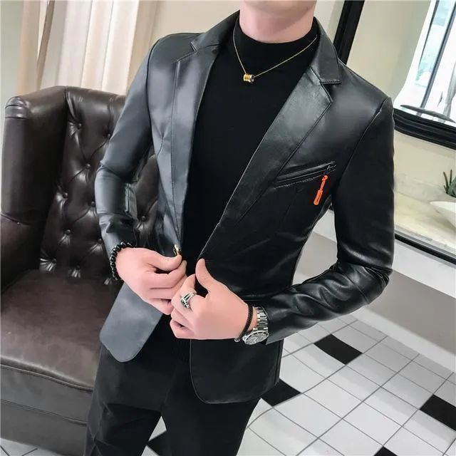 Men's Blazer Faux Leather Blazer Slim Fit