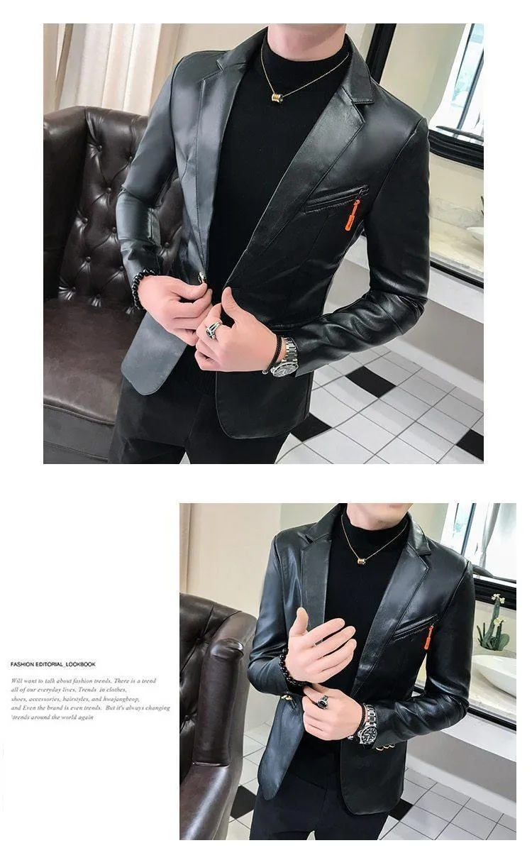 Men's Blazer Faux Leather Blazer Slim Fit