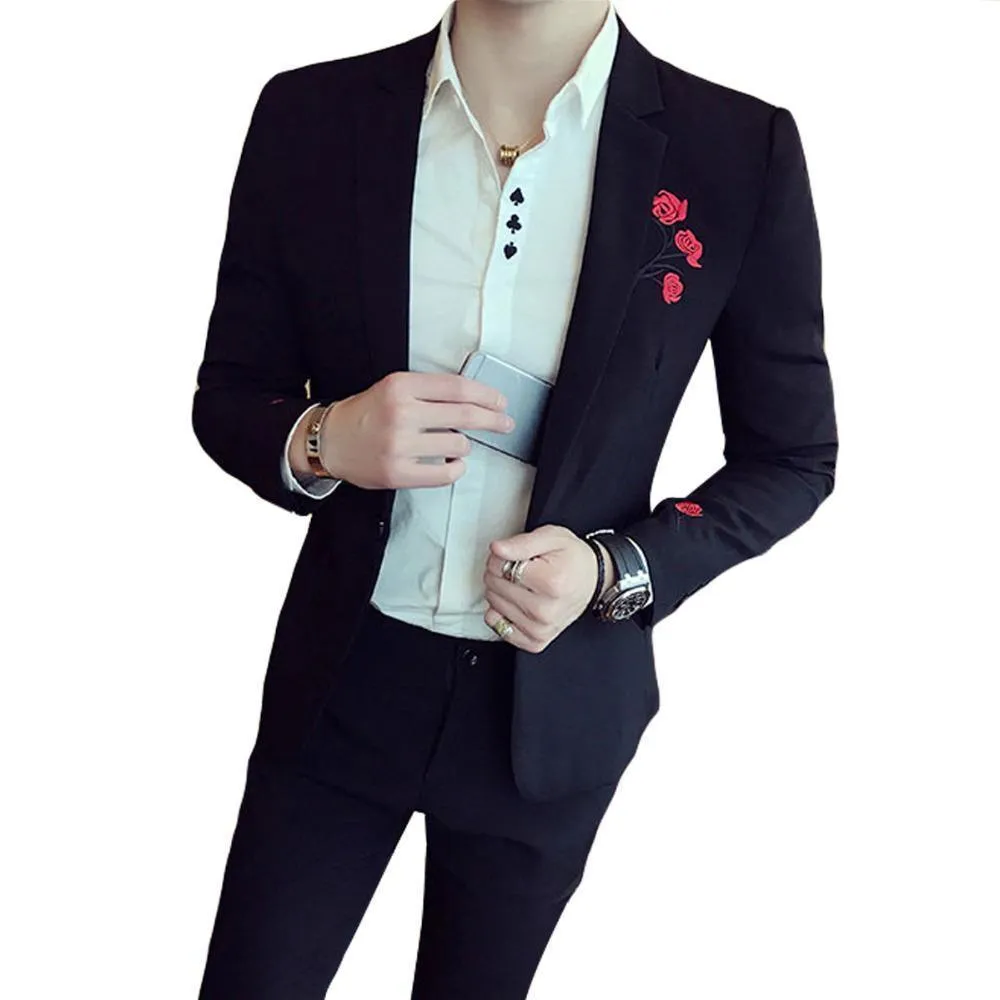 Men's Blazer Floral Embroidered Men's Blazer Black