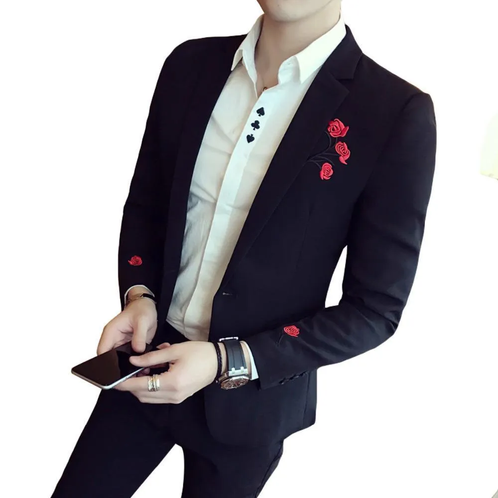 Men's Blazer Floral Embroidered Men's Blazer Black