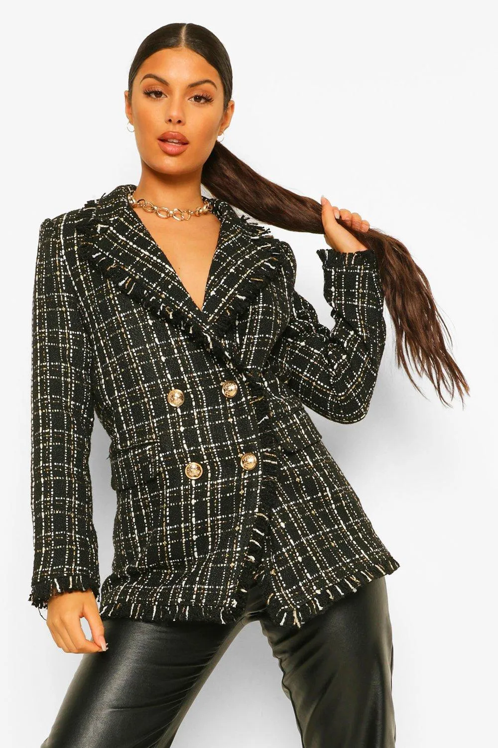 Metallic Checked Frayed Hem Blazer