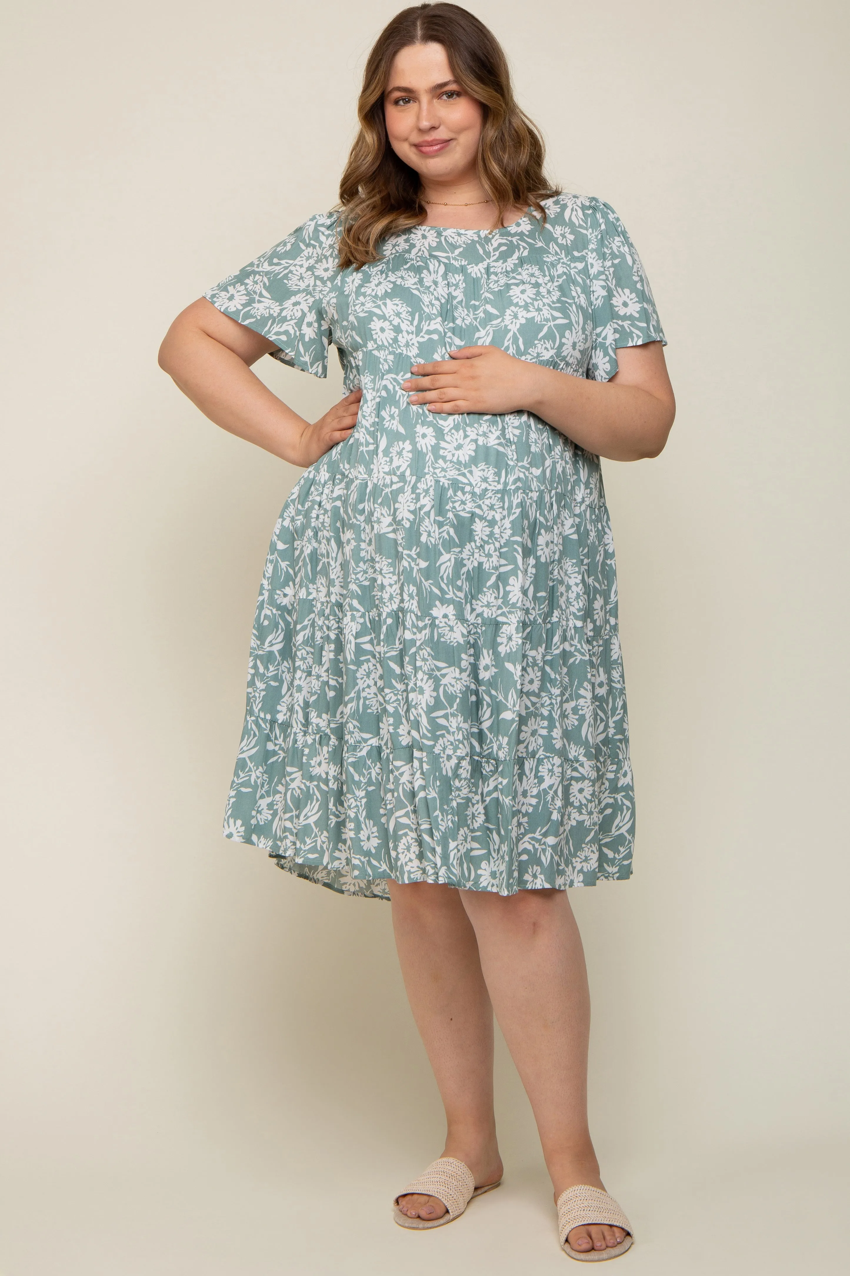 Mint Green Floral Tiered Short Sleeve Maternity Plus Midi Dress