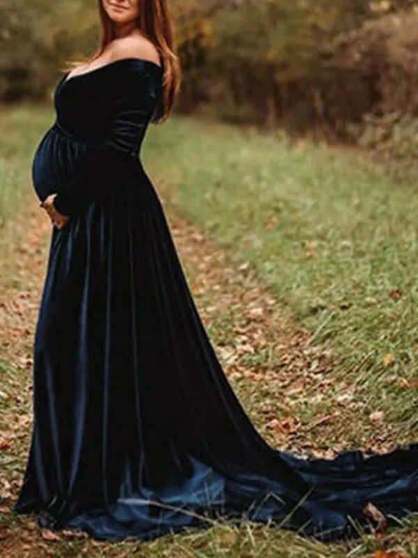 Momnfancy Pleuche Off Shoulder Long Sleeve Babyshower Mermaid Maternity Dress