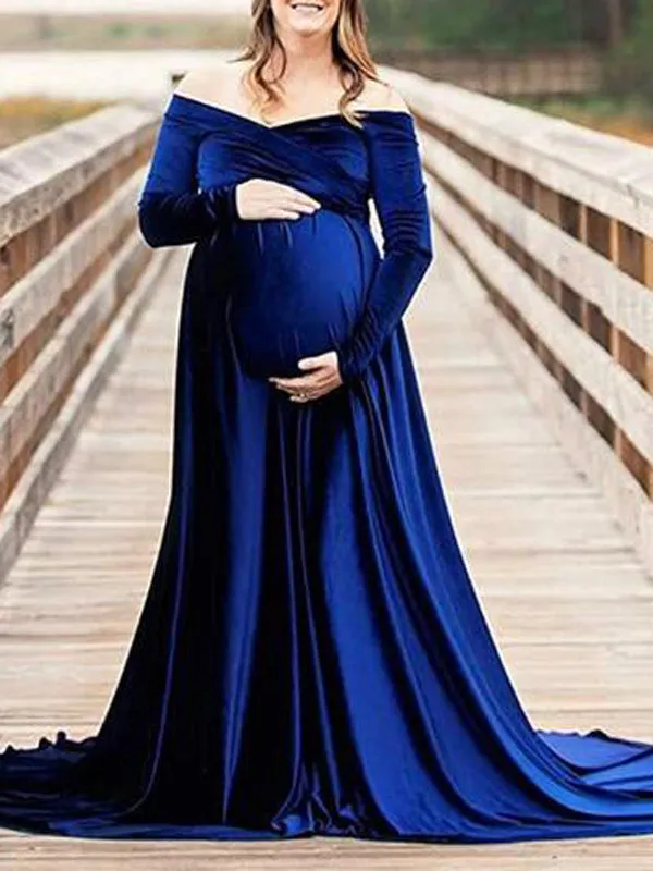 Momnfancy Pleuche Off Shoulder Long Sleeve Babyshower Mermaid Maternity Dress