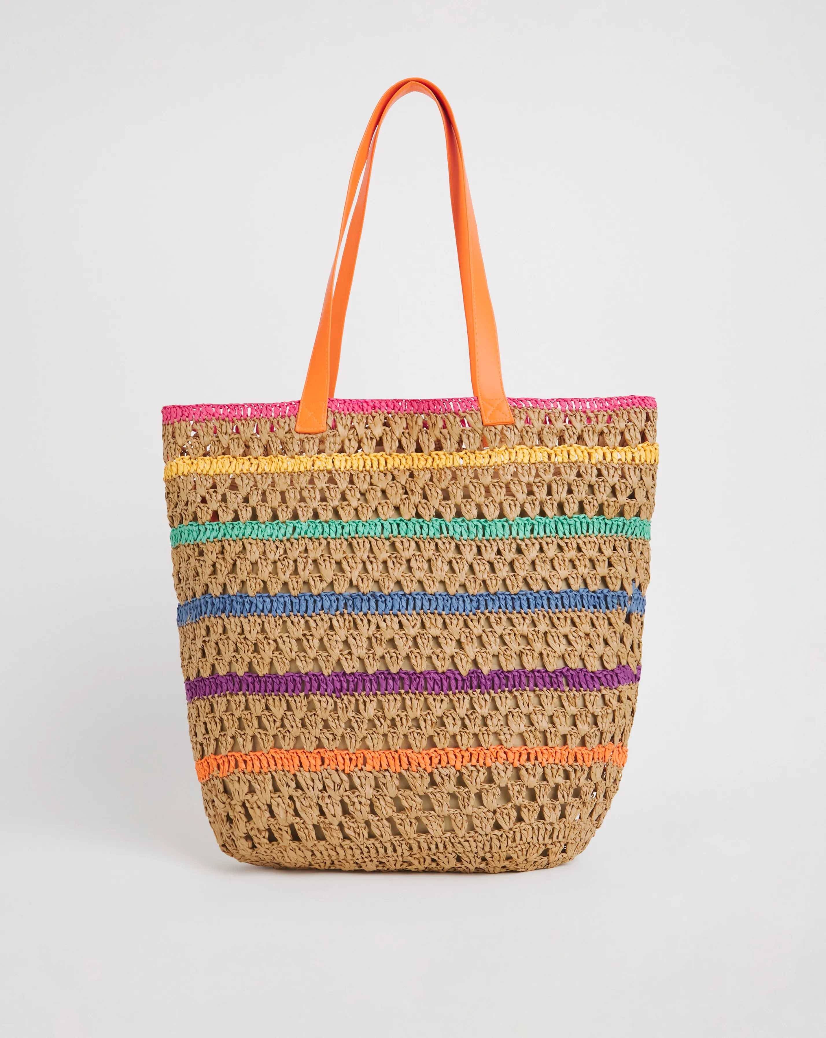 Multi Stripe Packable Raffia Beach Tote Bag