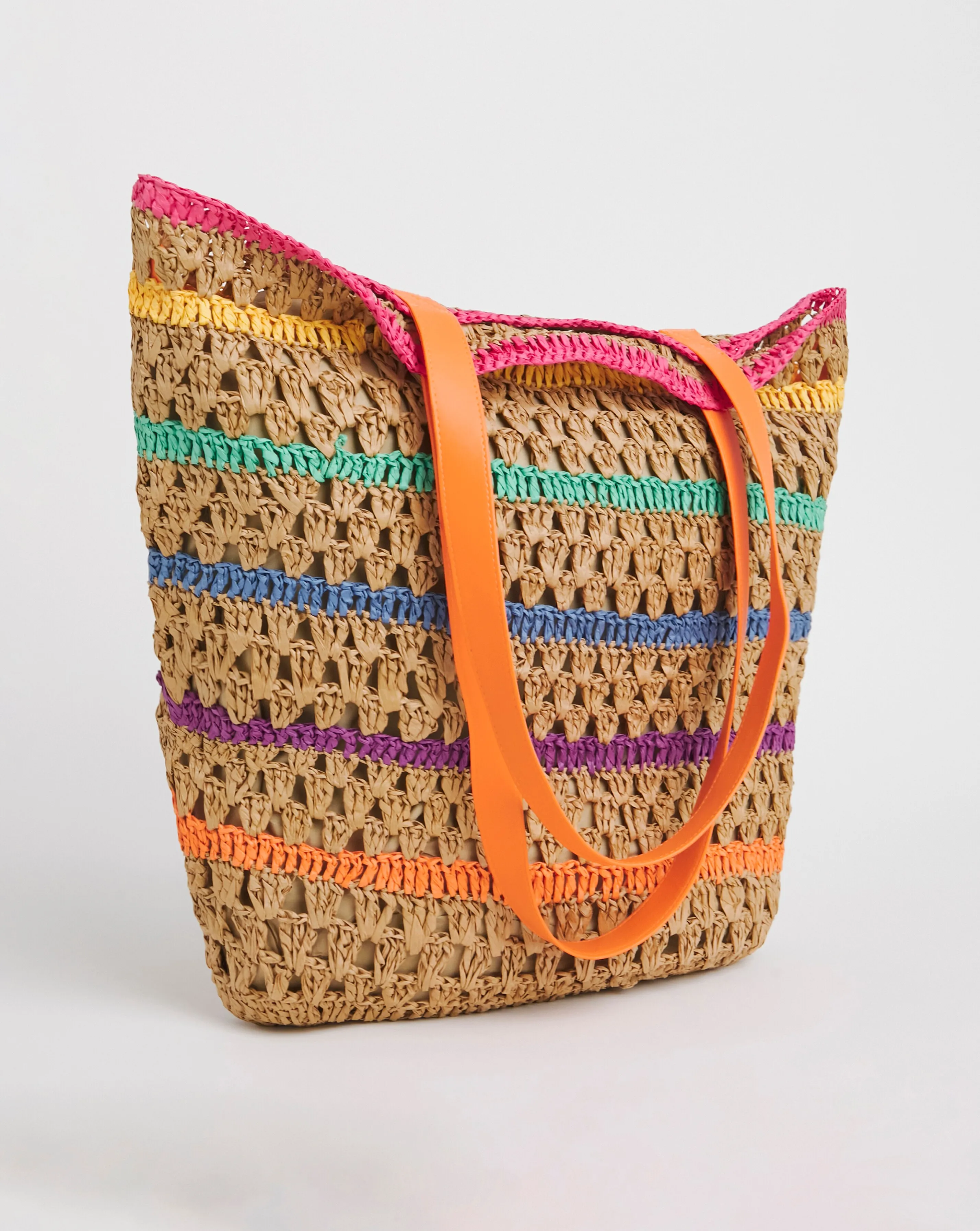 Multi Stripe Packable Raffia Beach Tote Bag