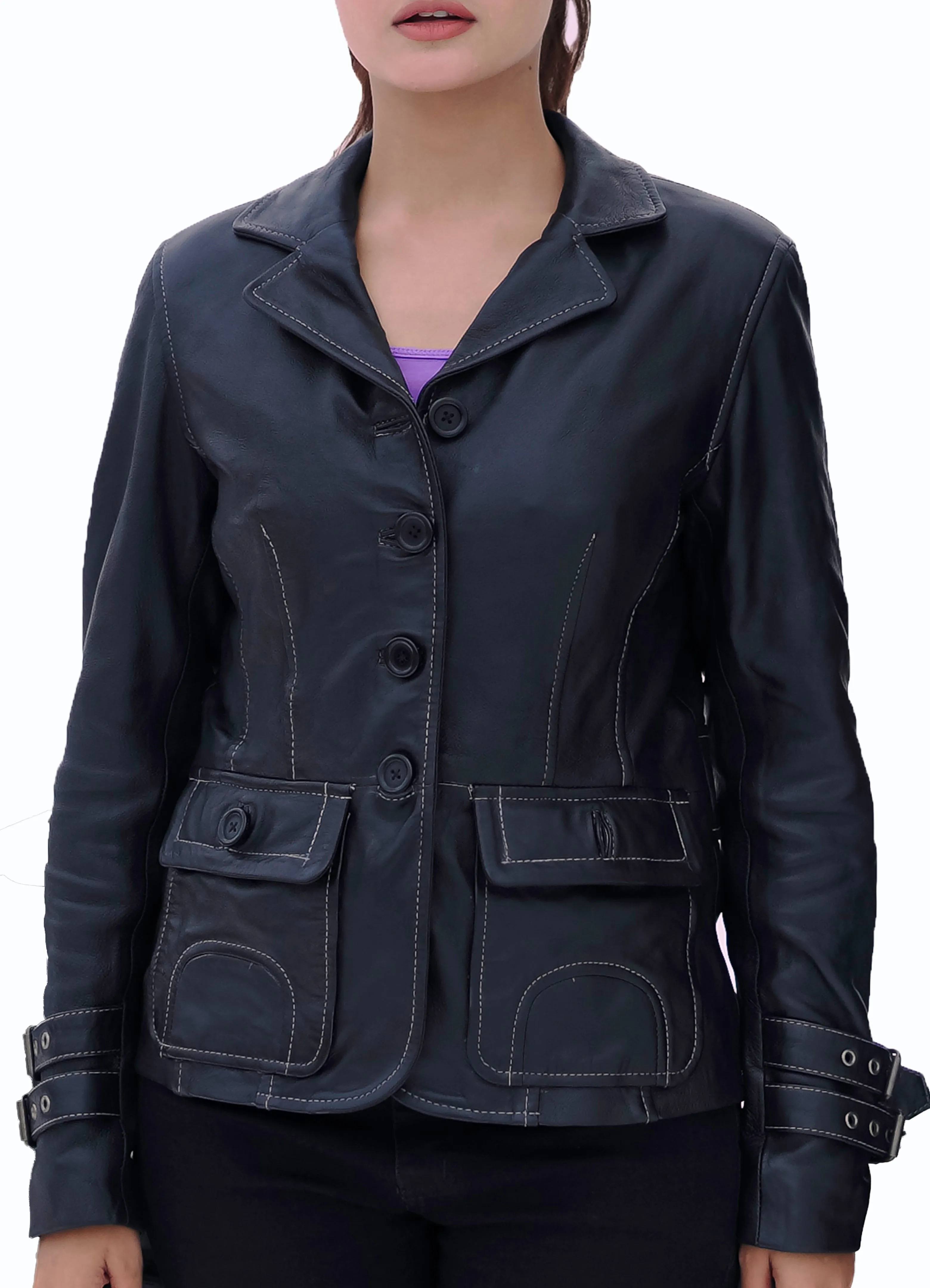 NEW WOMEN DAMEN REAL SOFT LAMBSKIN BLACK LEATHER BLAZER COAT