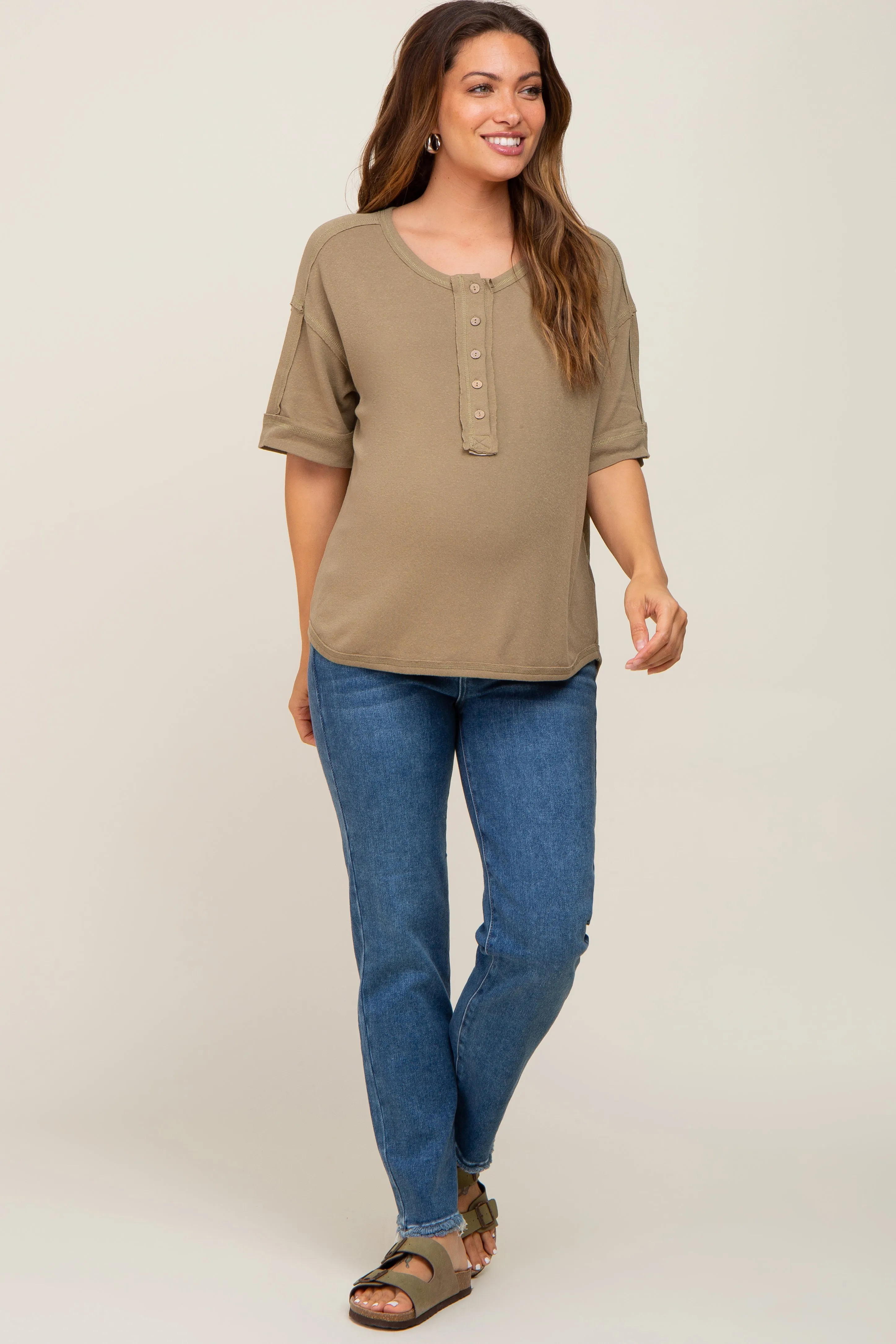 Olive Oversized Maternity Henley Top