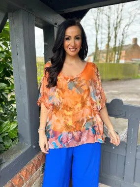 Orange Vibrant Floral Tie Back Floaty Top Denise