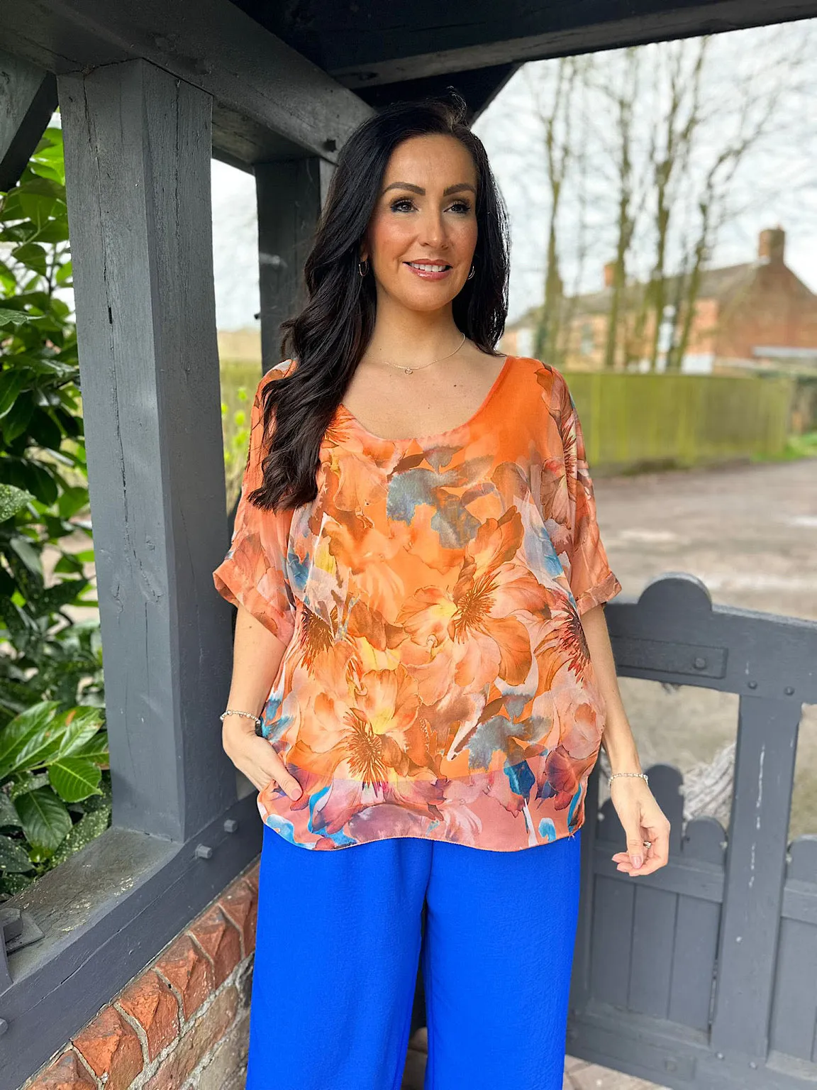 Orange Vibrant Floral Tie Back Floaty Top Denise